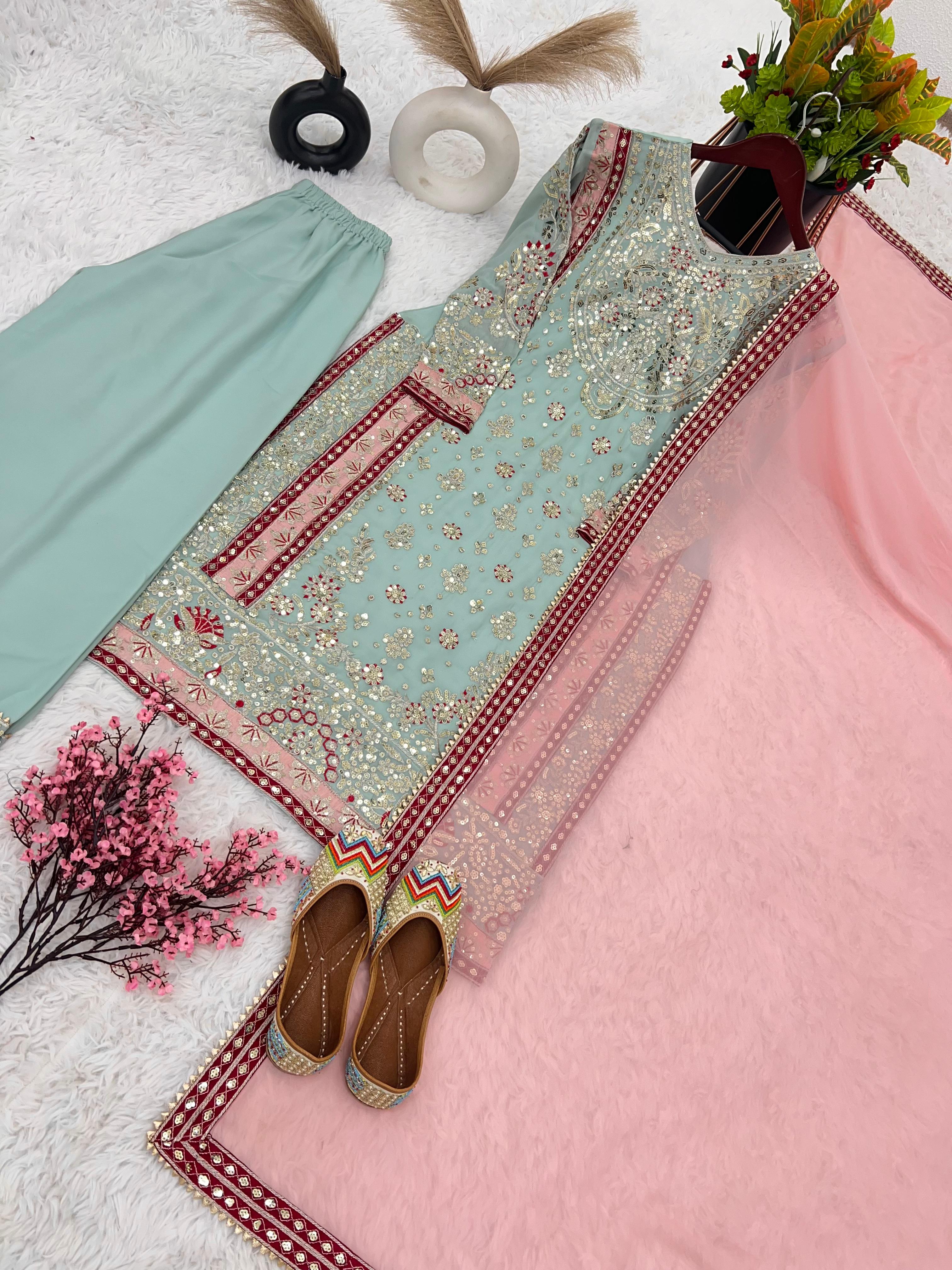 Exclusive Embroidery Sequence Work Sky Blue Sharara Suit