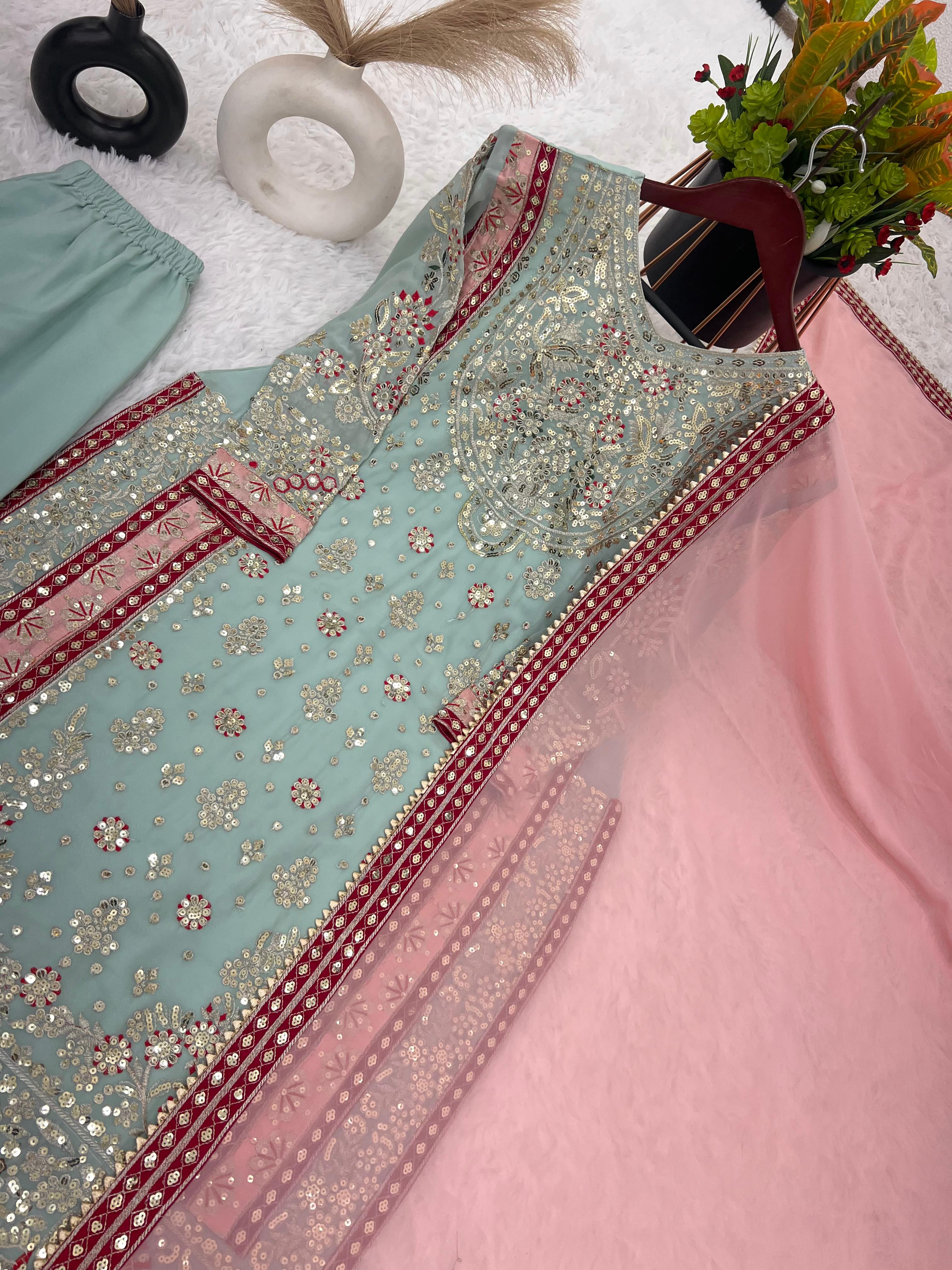 Exclusive Embroidery Sequence Work Sky Blue Sharara Suit