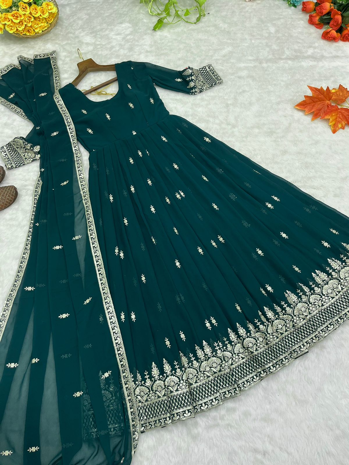 Terrific Bottle Green Color Georgette Anarkali Gown