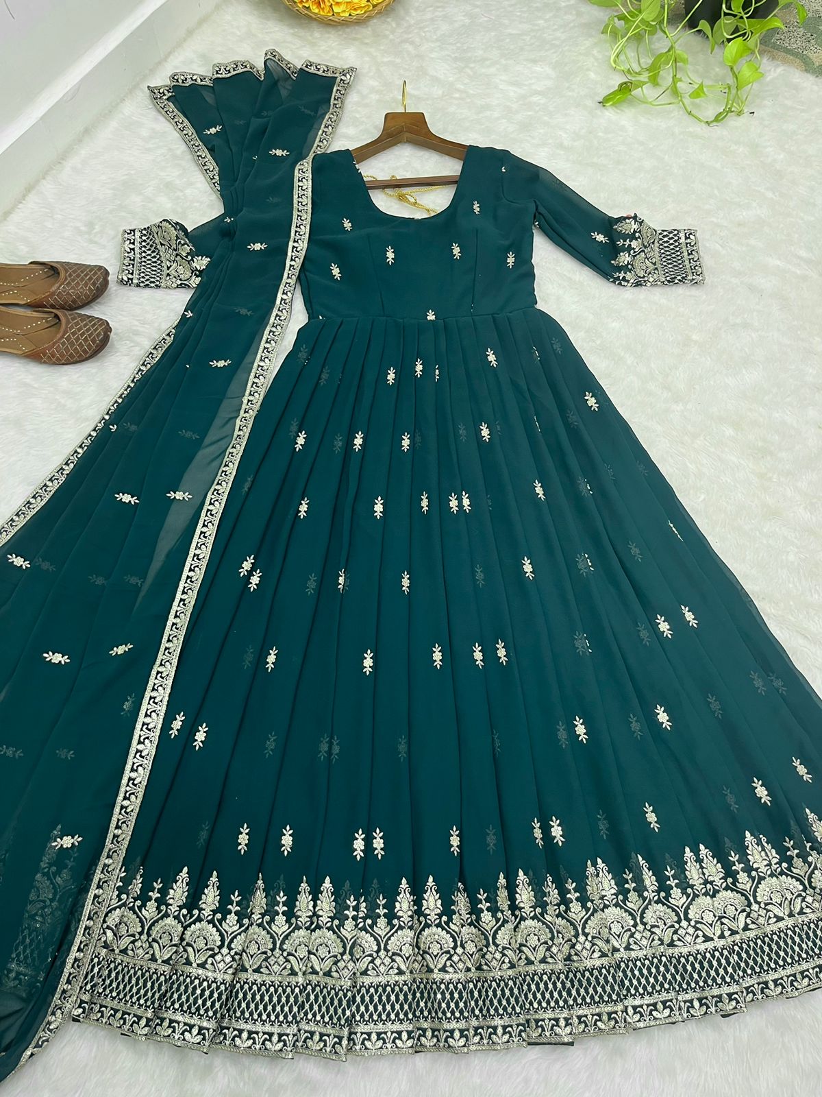 Terrific Bottle Green Color Georgette Anarkali Gown