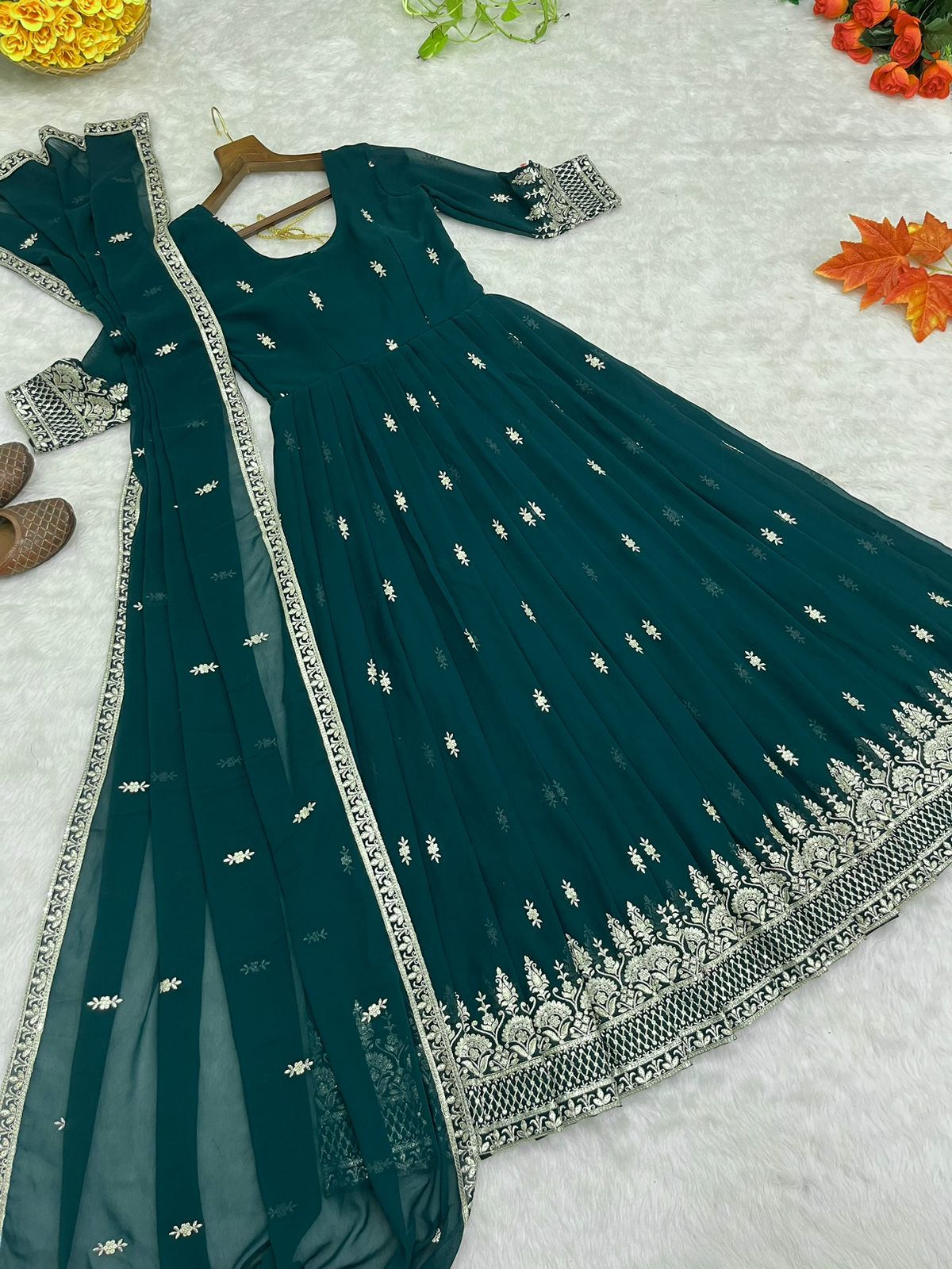 Terrific Bottle Green Color Georgette Anarkali Gown