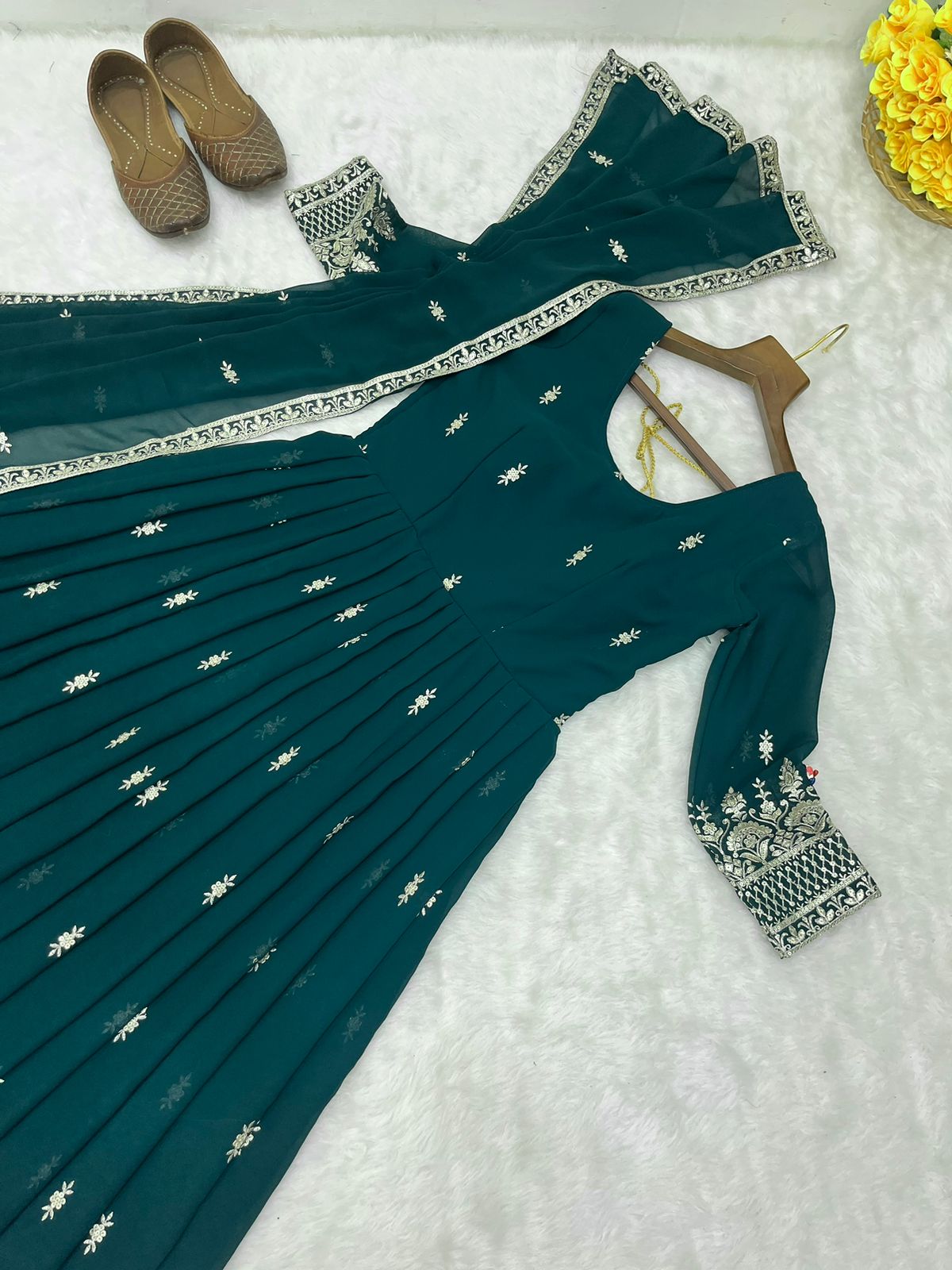 Terrific Bottle Green Color Georgette Anarkali Gown