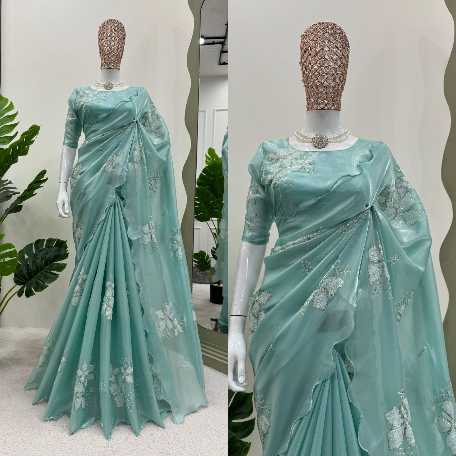 Festive Wear Aqua Green Color Jimmy Chu And Sequence Work Saree