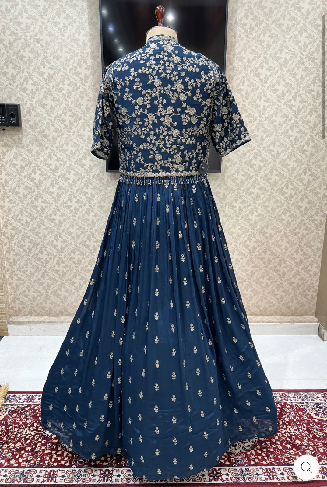 Classic Pure Cinon Silk 5mm Sequence Work Blue Color Designer Gown