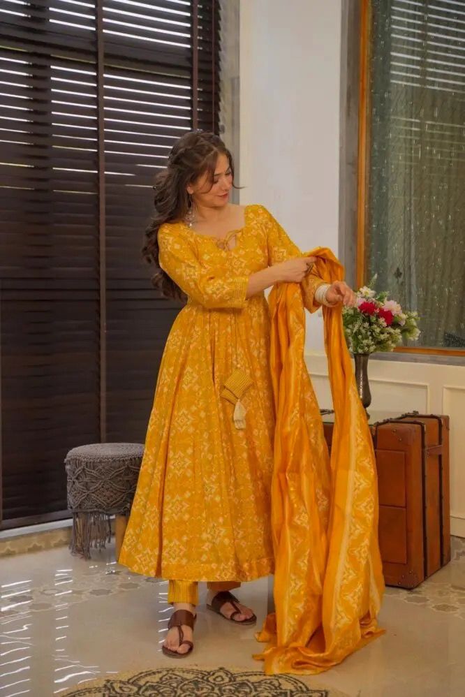 Trendy Designer Digital Print Yellow Color Haldi Special Anarkali Suit Set