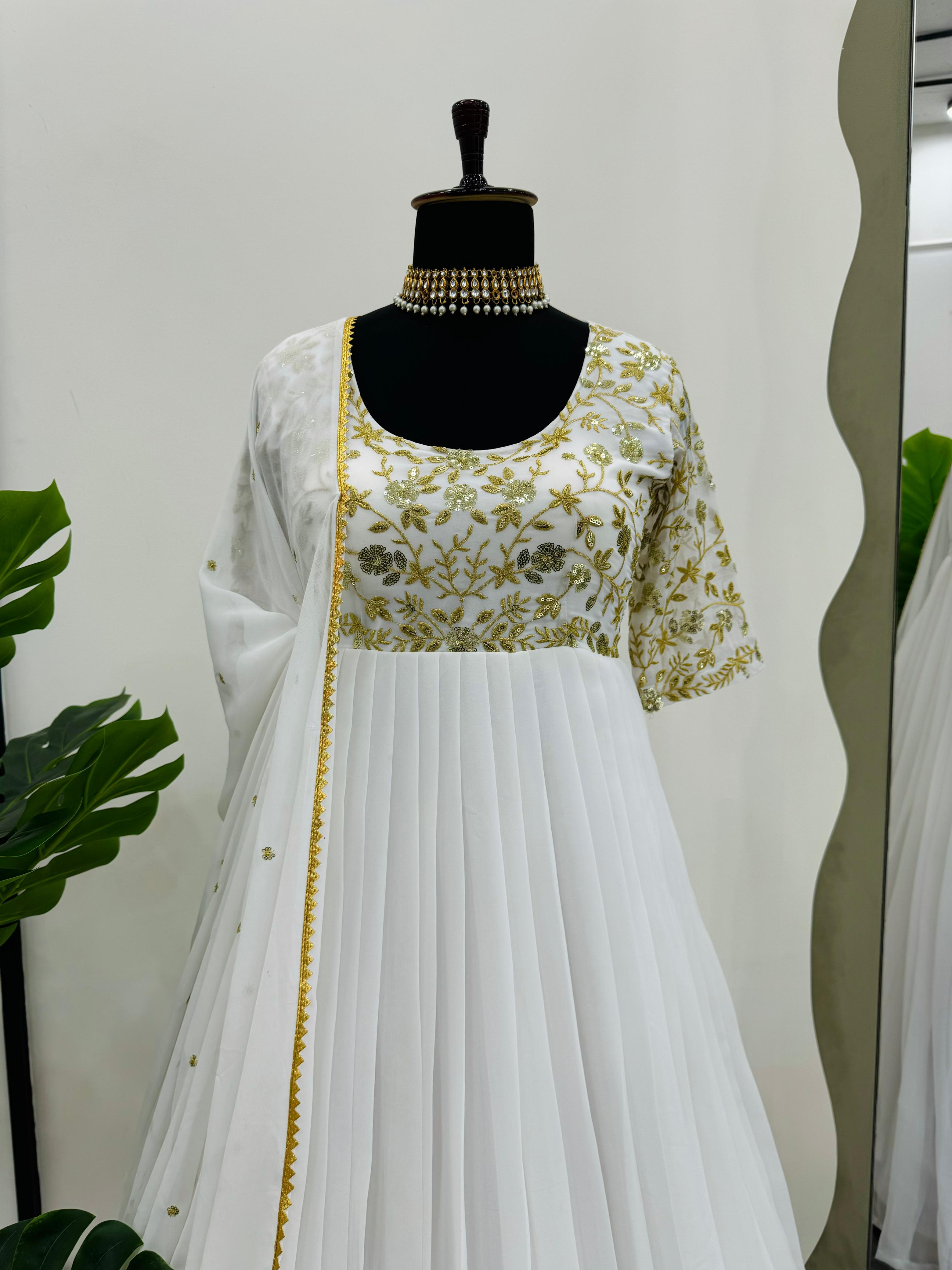 Party Wear White Color Chinon Silk With Embroidery Work Anarkali Suit