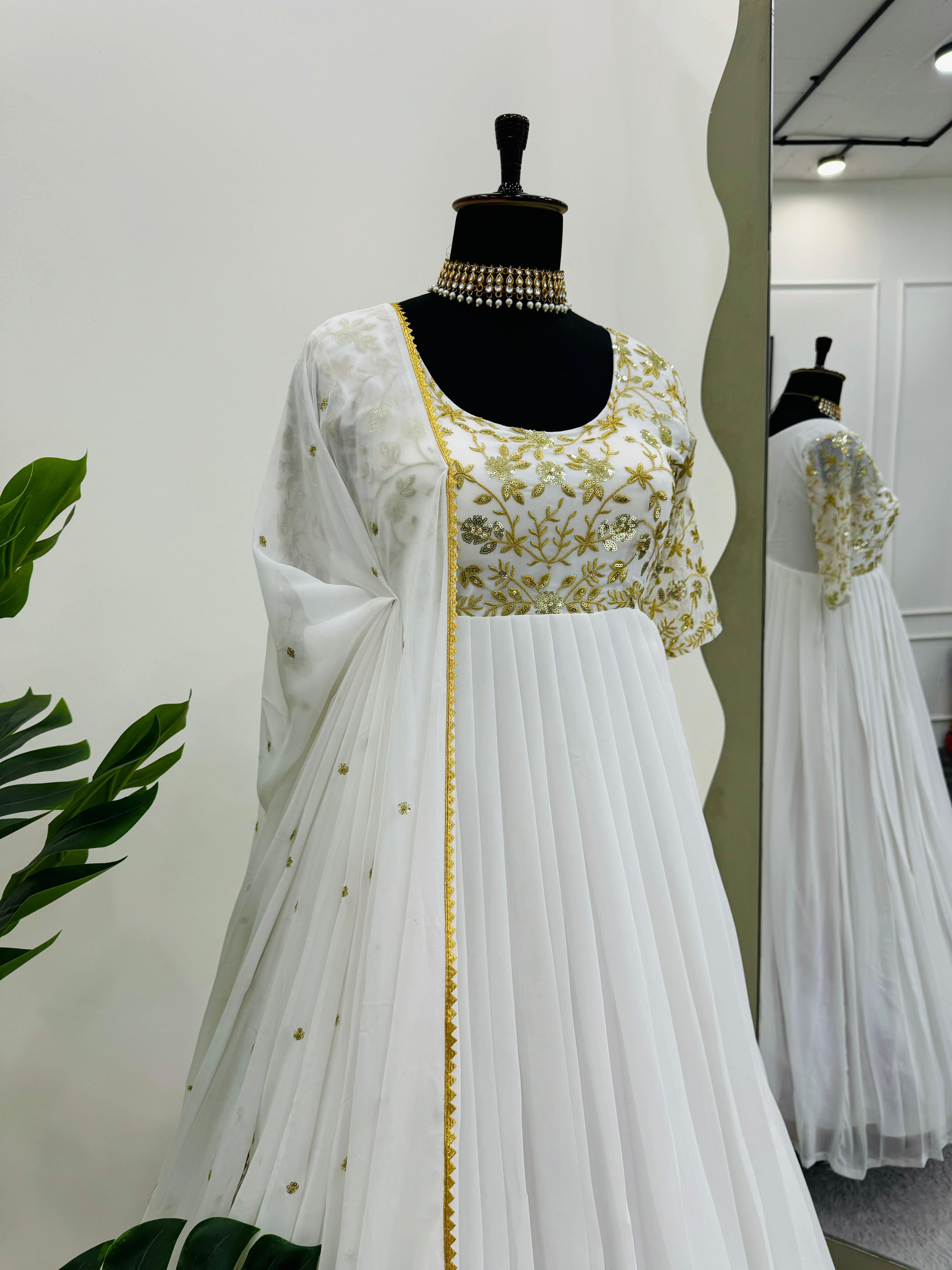 Party Wear White Color Chinon Silk With Embroidery Work Anarkali Suit