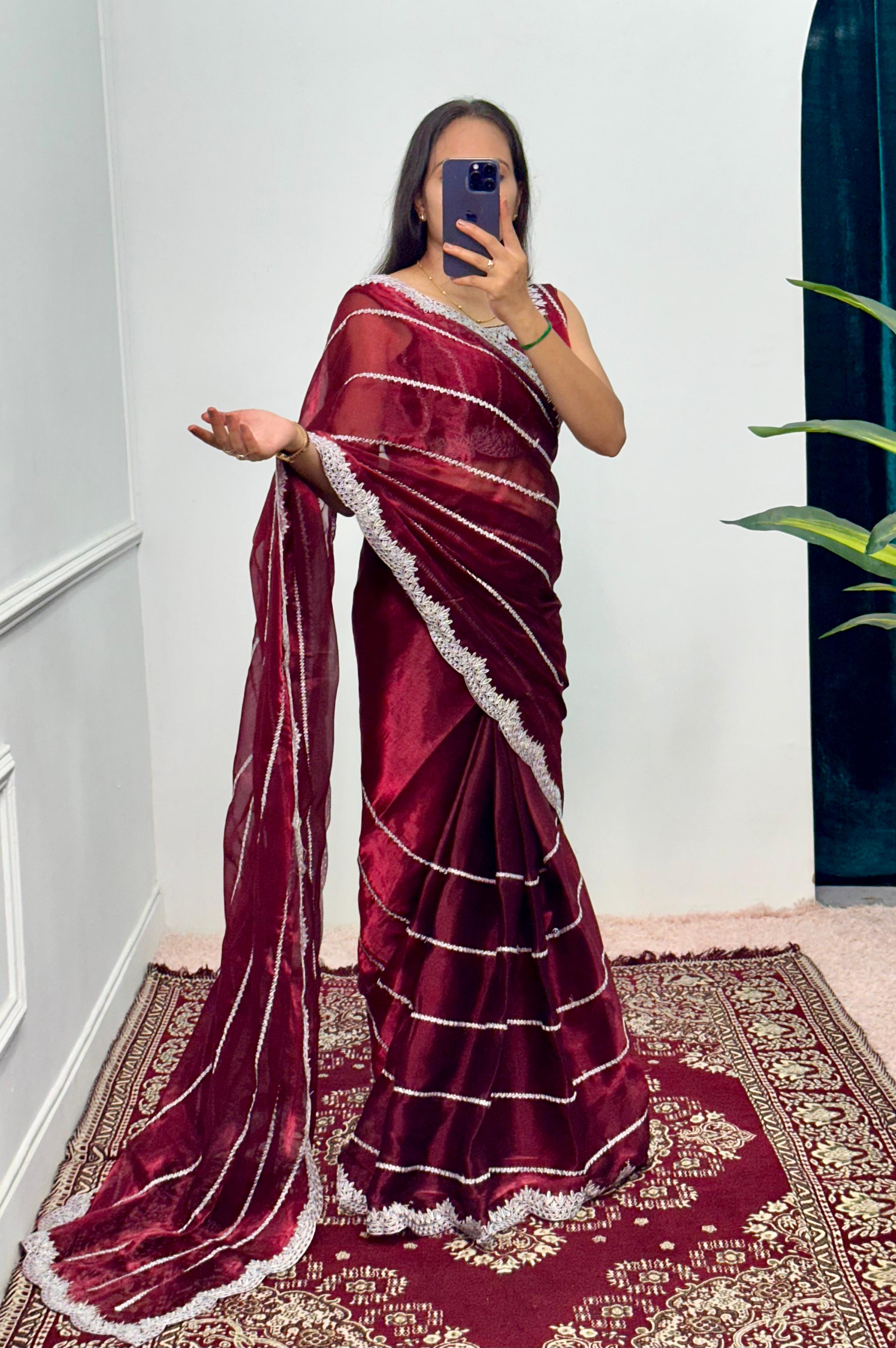 Maroon Color Burbary Silk Embroidery Zari Work Party Wear Saree