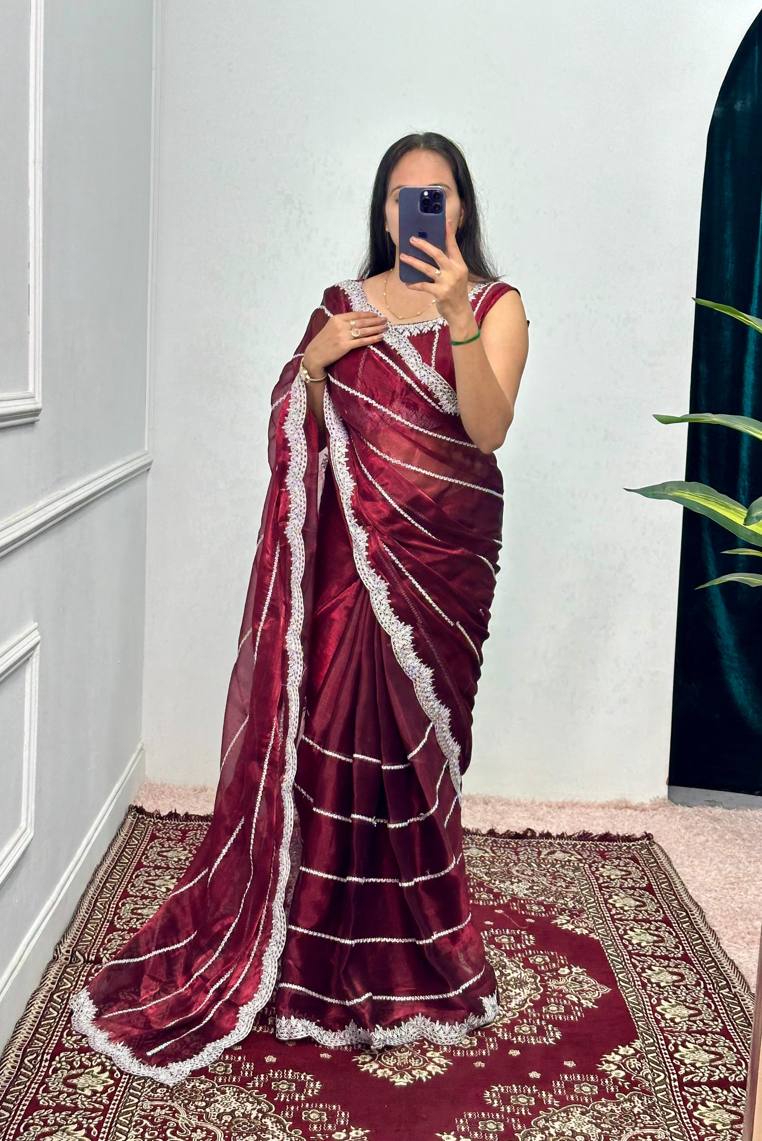 Maroon Color Burbary Silk Embroidery Zari Work Party Wear Saree