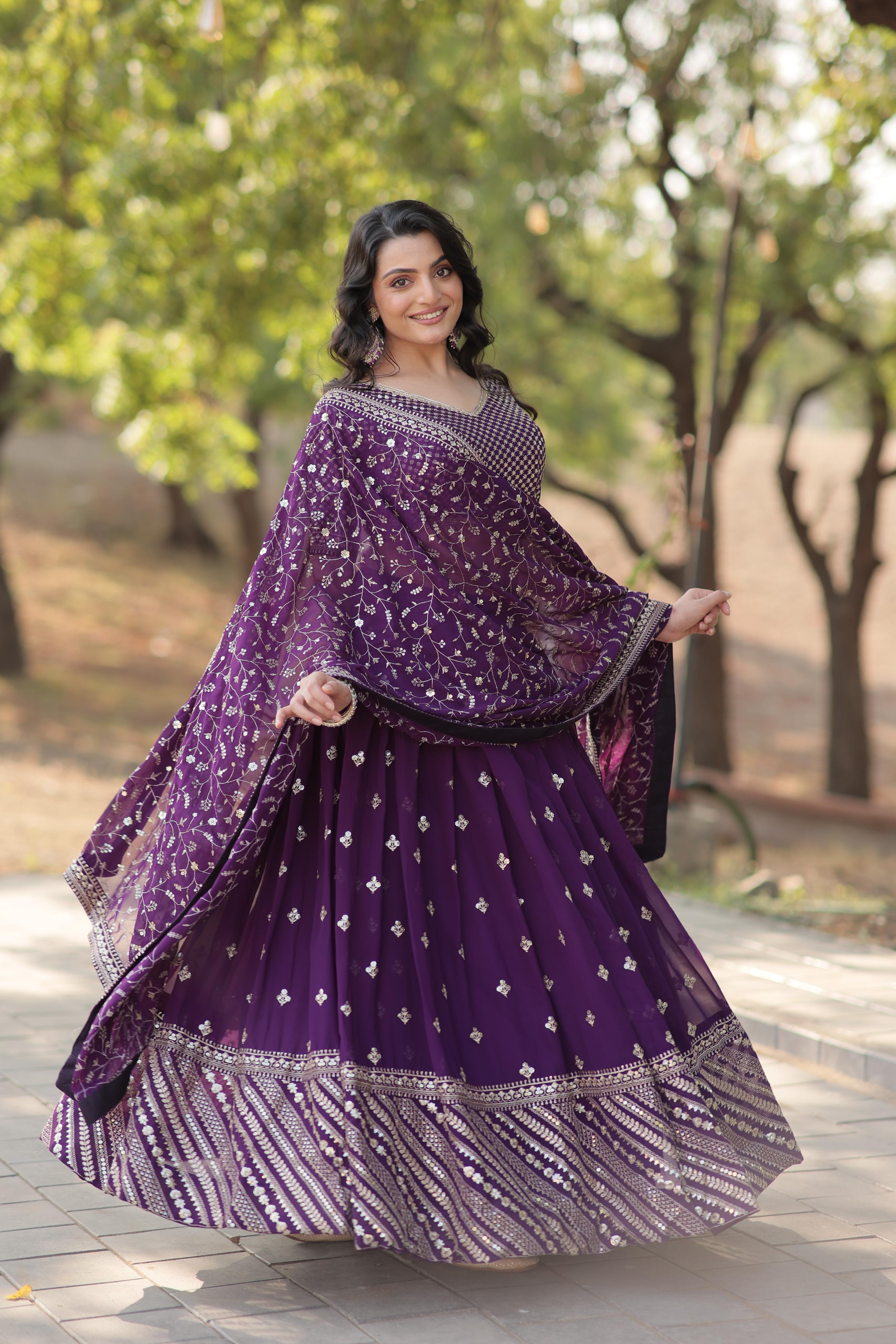 Adorable Purple Embroidered Georgette Designer Lehenga Choli