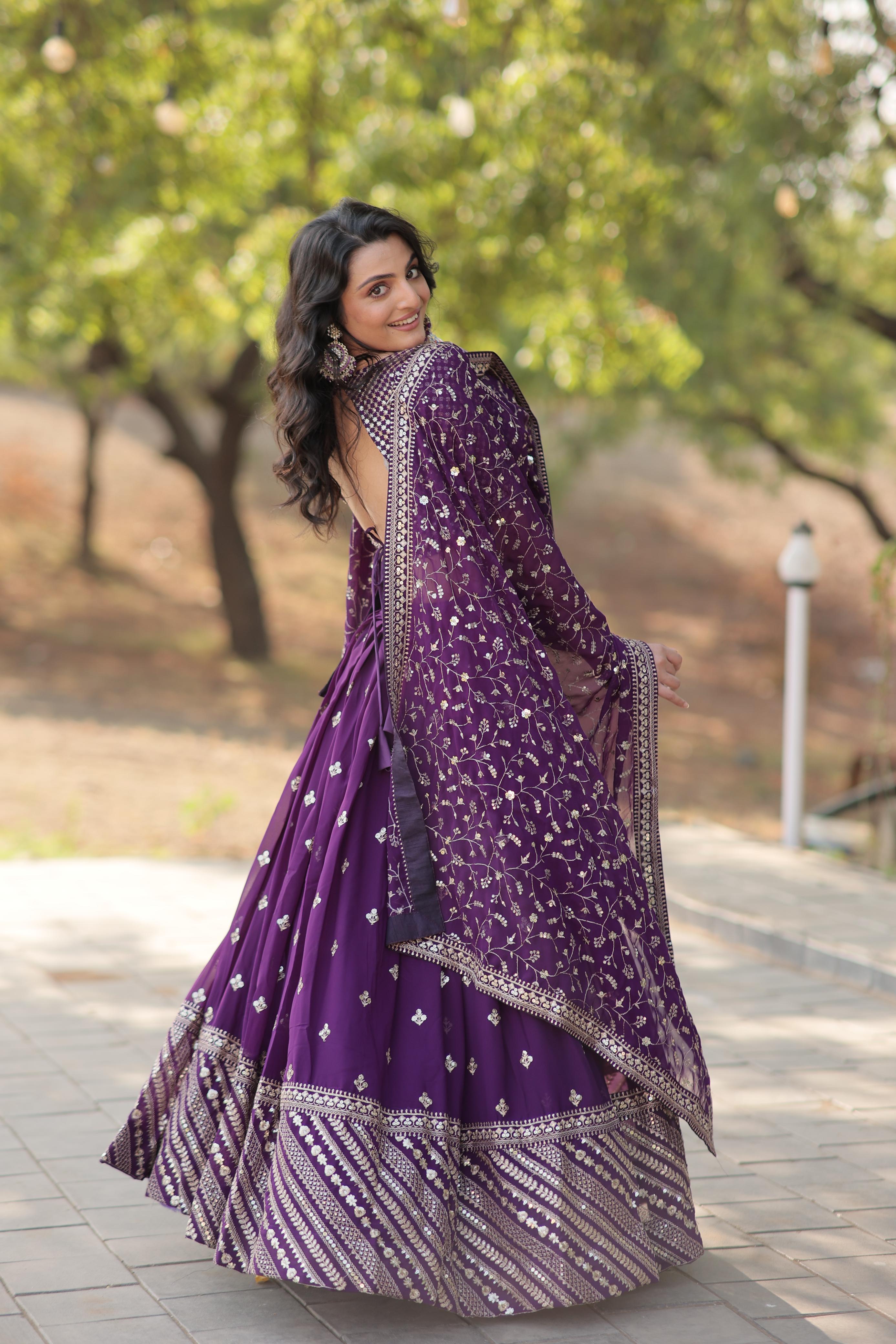 Adorable Purple Embroidered Georgette Designer Lehenga Choli