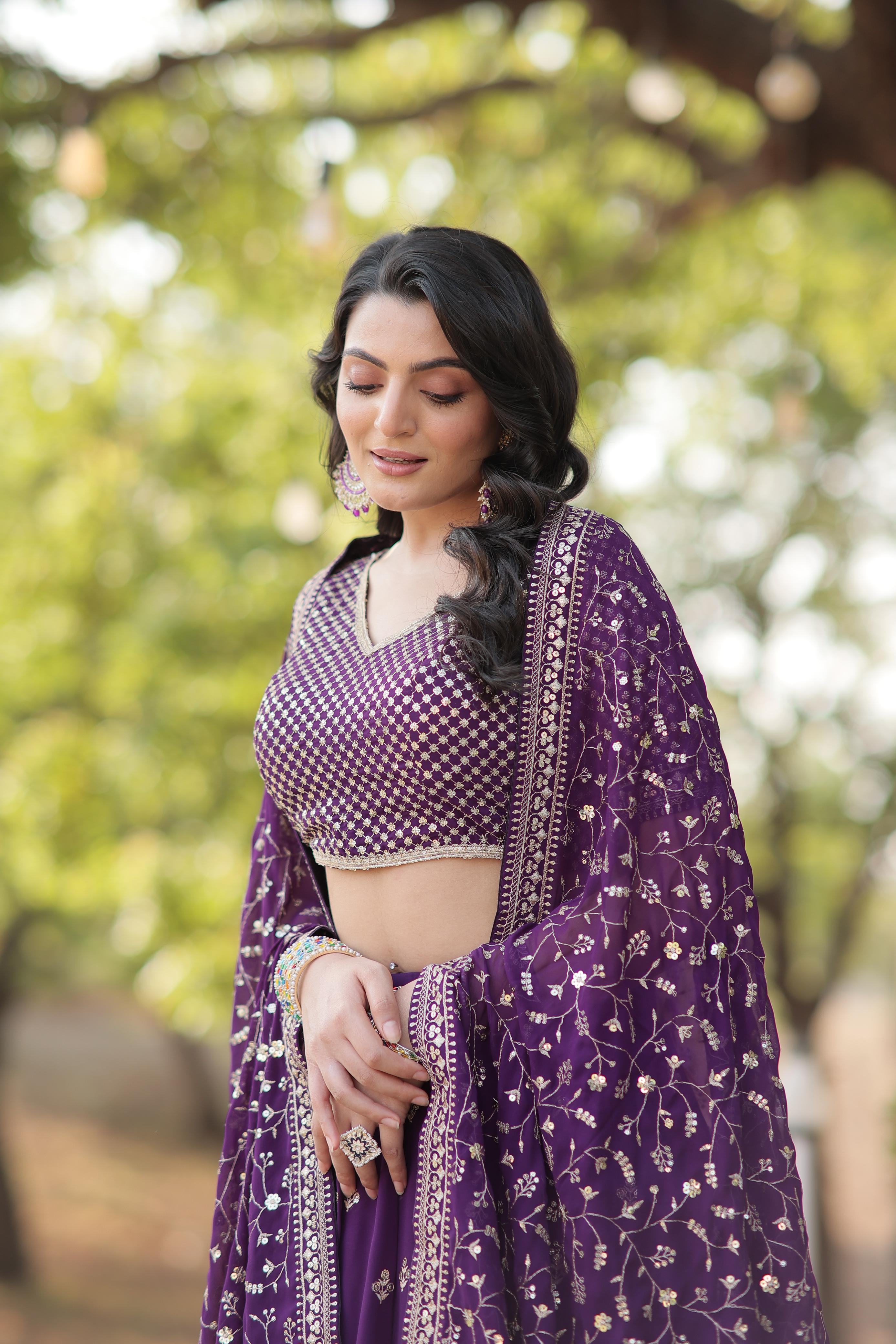 Adorable Purple Embroidered Georgette Designer Lehenga Choli