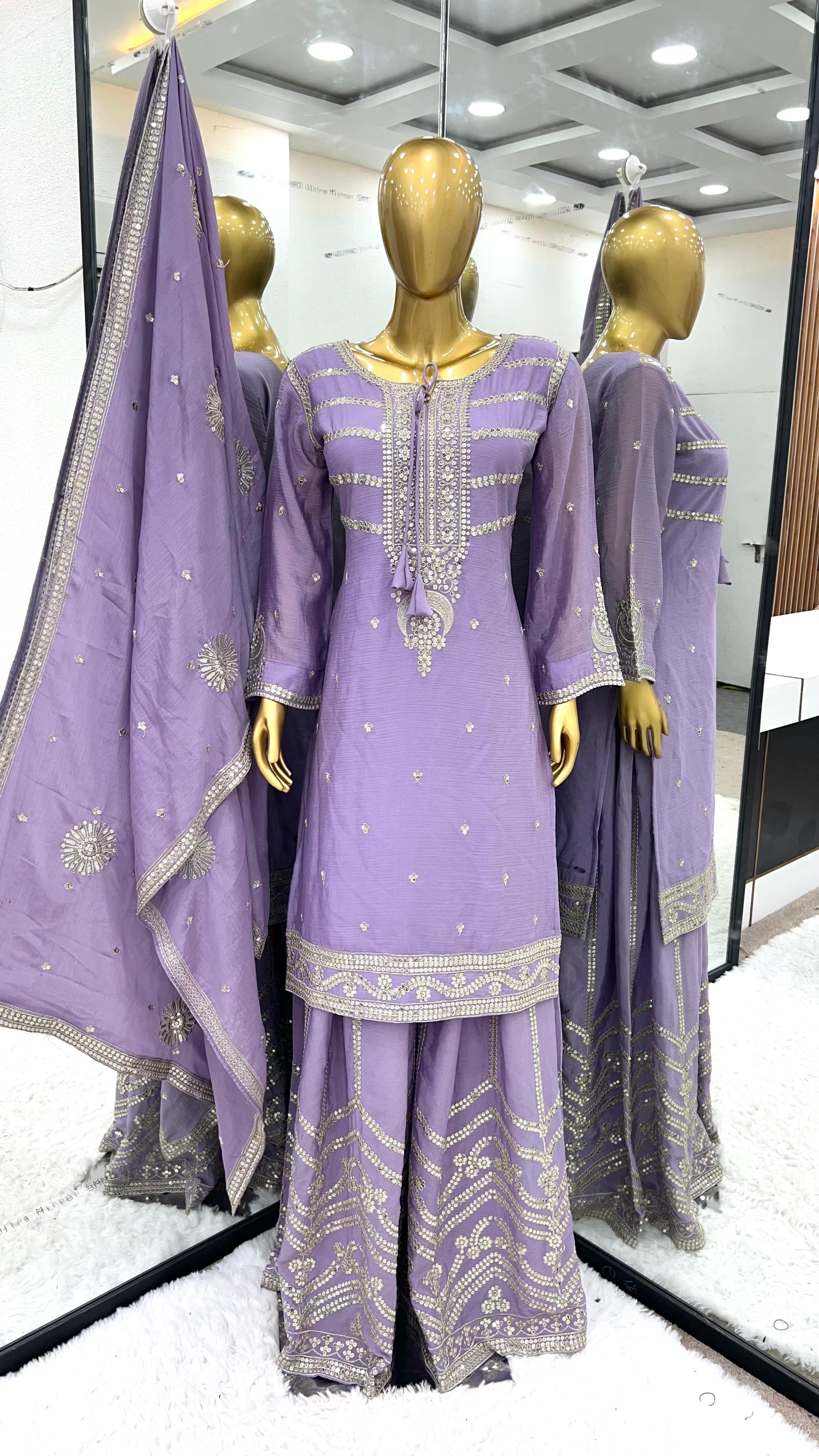 Captivating Lavender Chinon Silk With Heavy Embroidery Sequence Work Sharara Suit