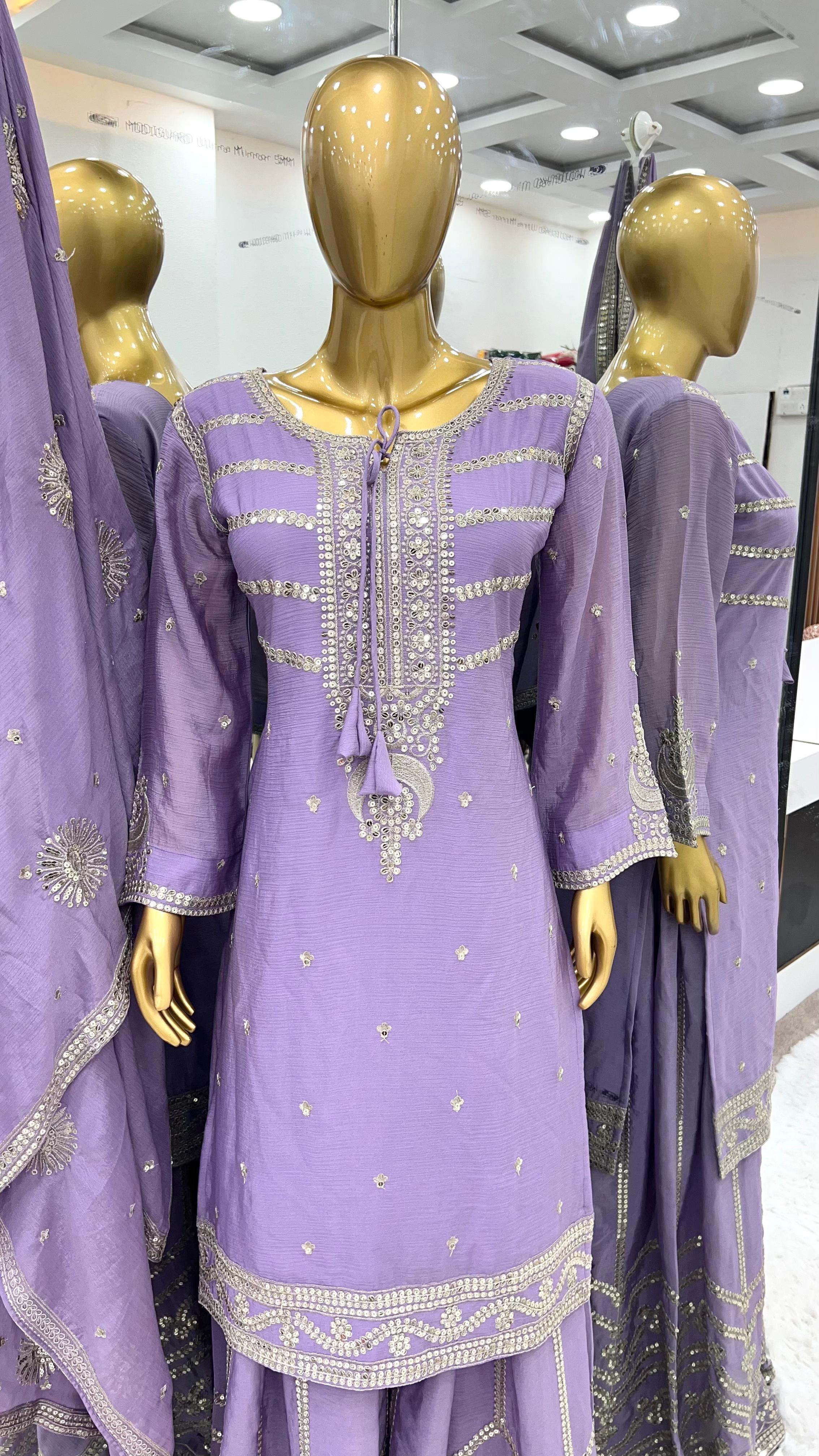 Captivating Lavender Chinon Silk With Heavy Embroidery Sequence Work Sharara Suit