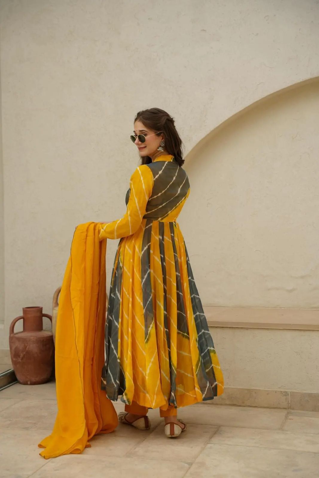 Elegant Yellow Grey Color Organza Printed Party Wear Anarkali Suit