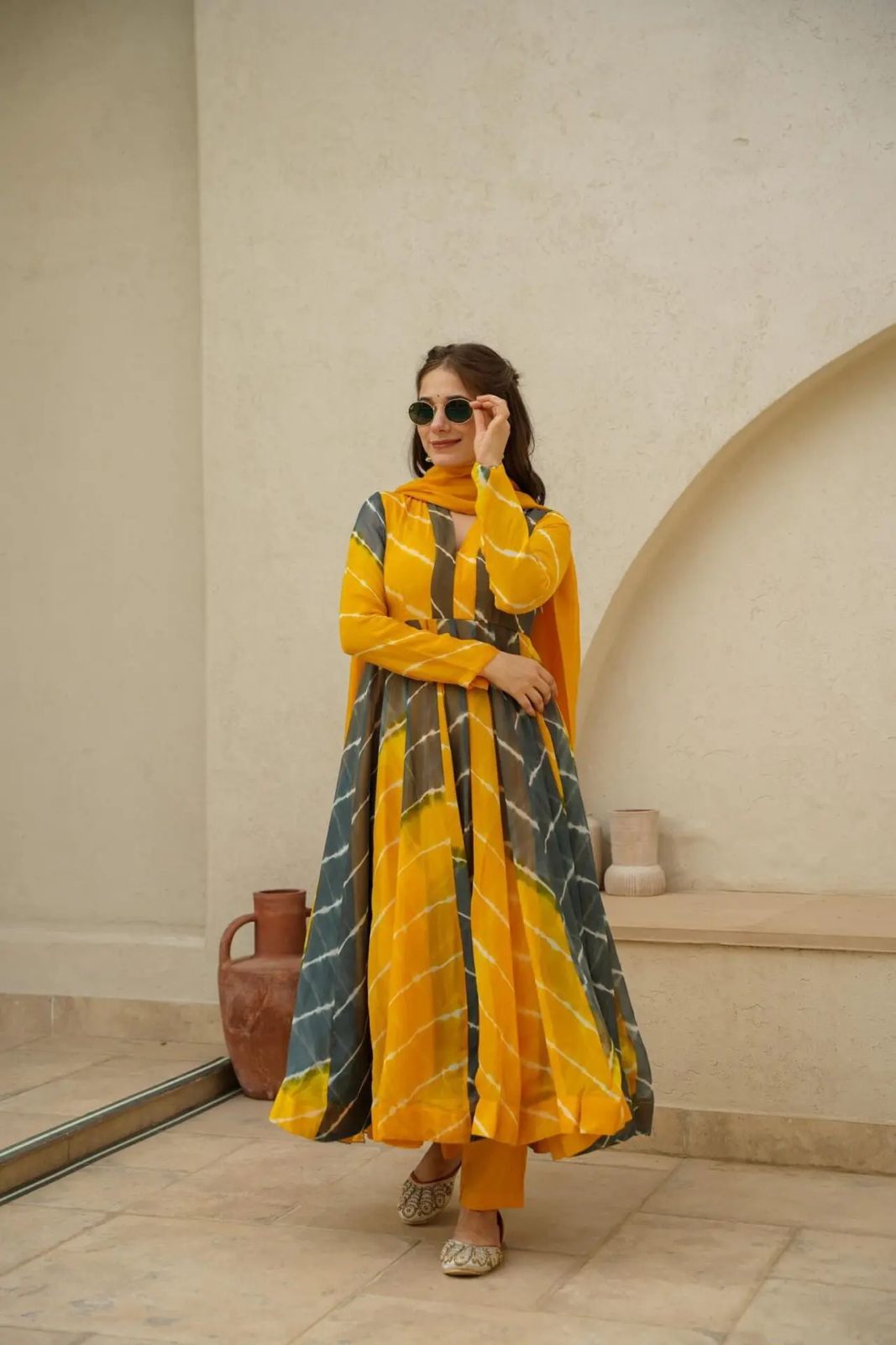 Elegant Yellow Grey Color Organza Printed Party Wear Anarkali Suit