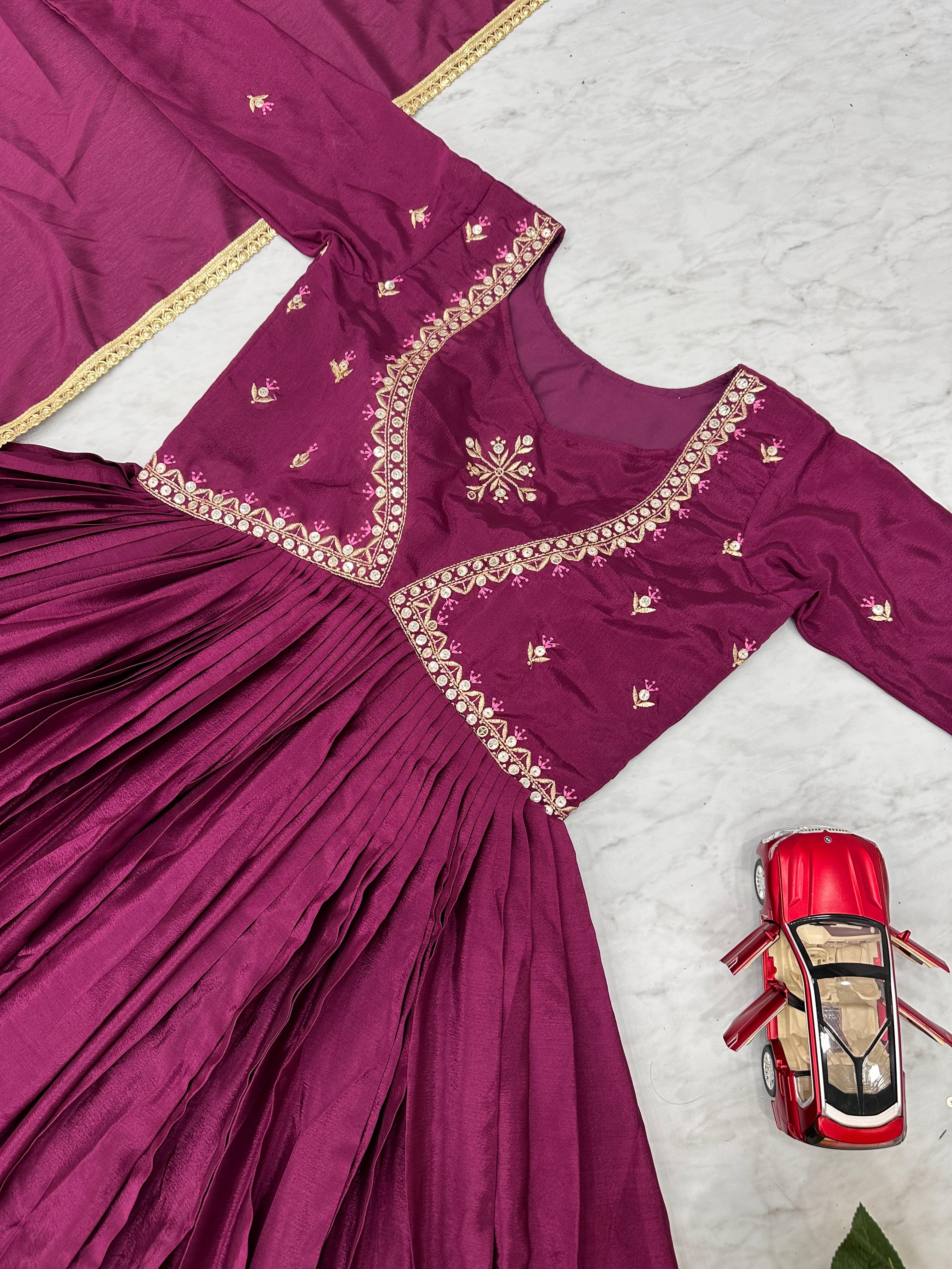 Luxuriant Designer Wine Color Thread with Sequence Anarkali Gown