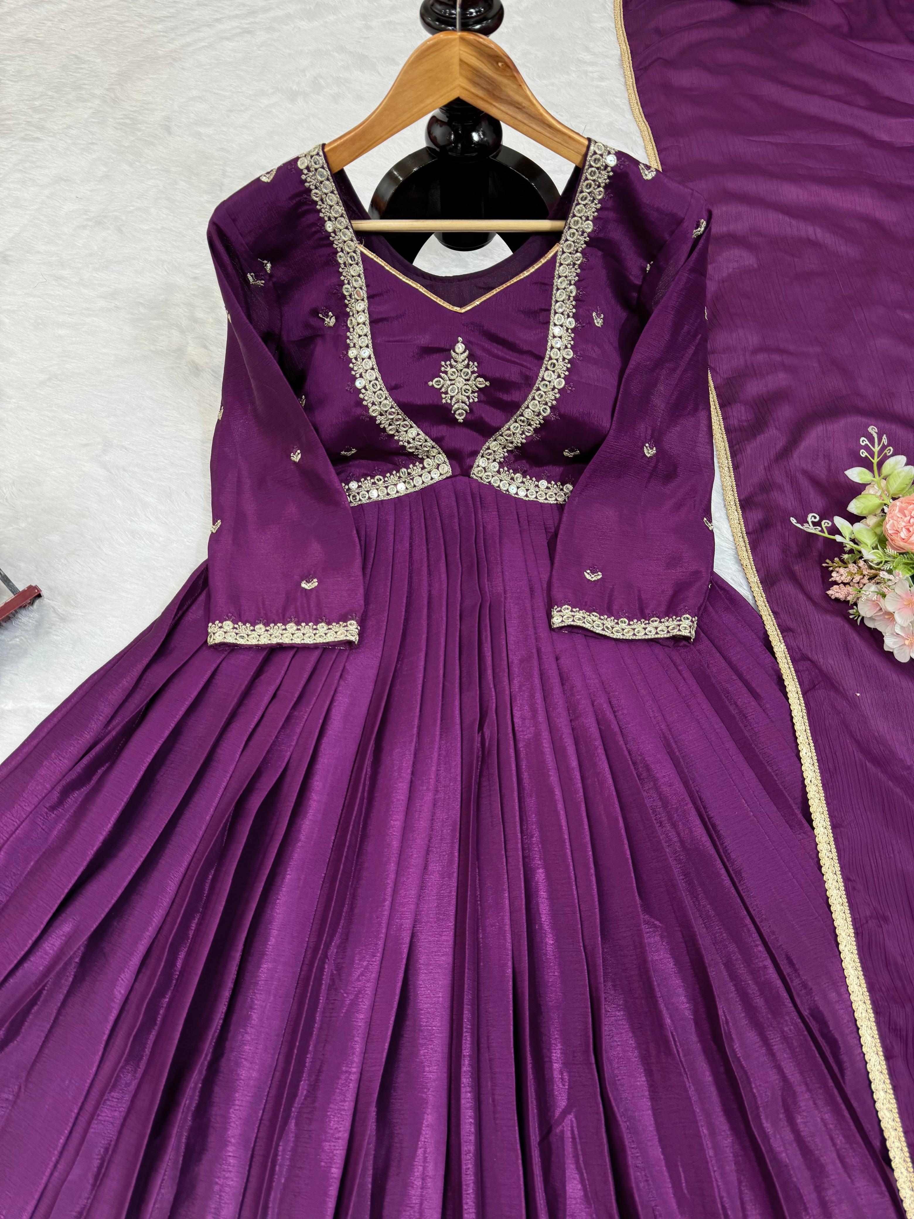 Wedding Wear Wine Color Thread With Sequence Anarkali Gown