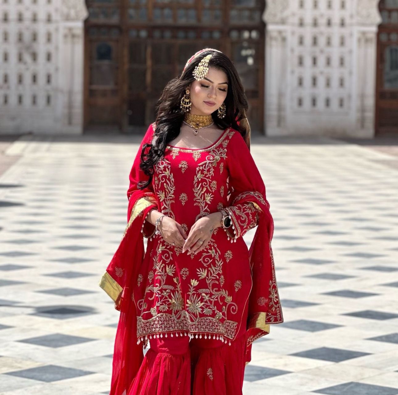 Elegant Party Wear Red Color Kurta Sharara Plazzo With Heavy Embroidery And Dupatta