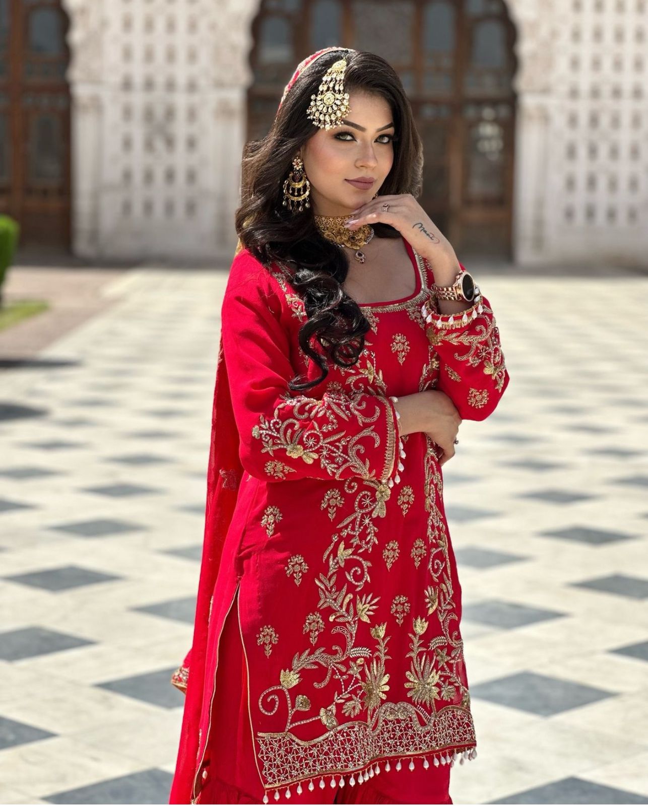 Elegant Party Wear Red Color Kurta Sharara Plazzo With Heavy Embroidery And Dupatta