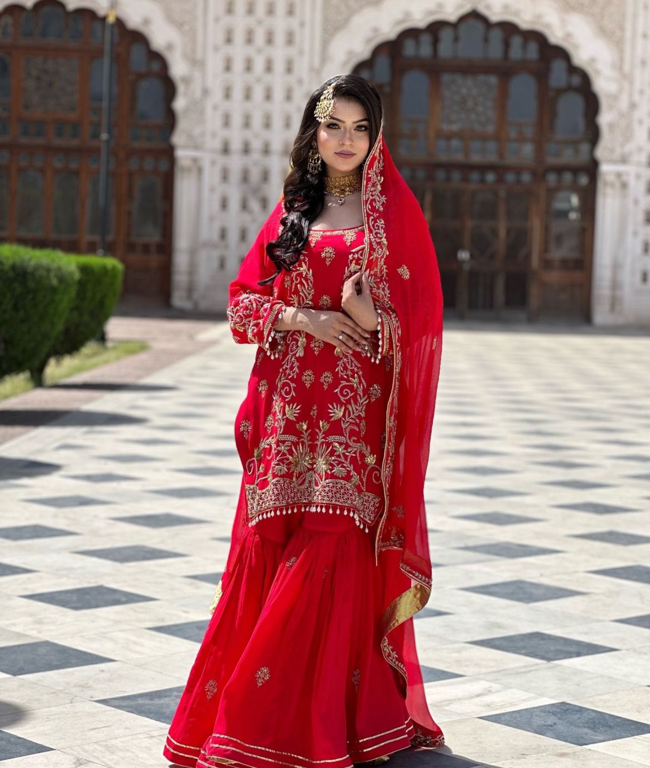 Elegant Party Wear Red Color Kurta Sharara Plazzo With Heavy Embroidery And Dupatta