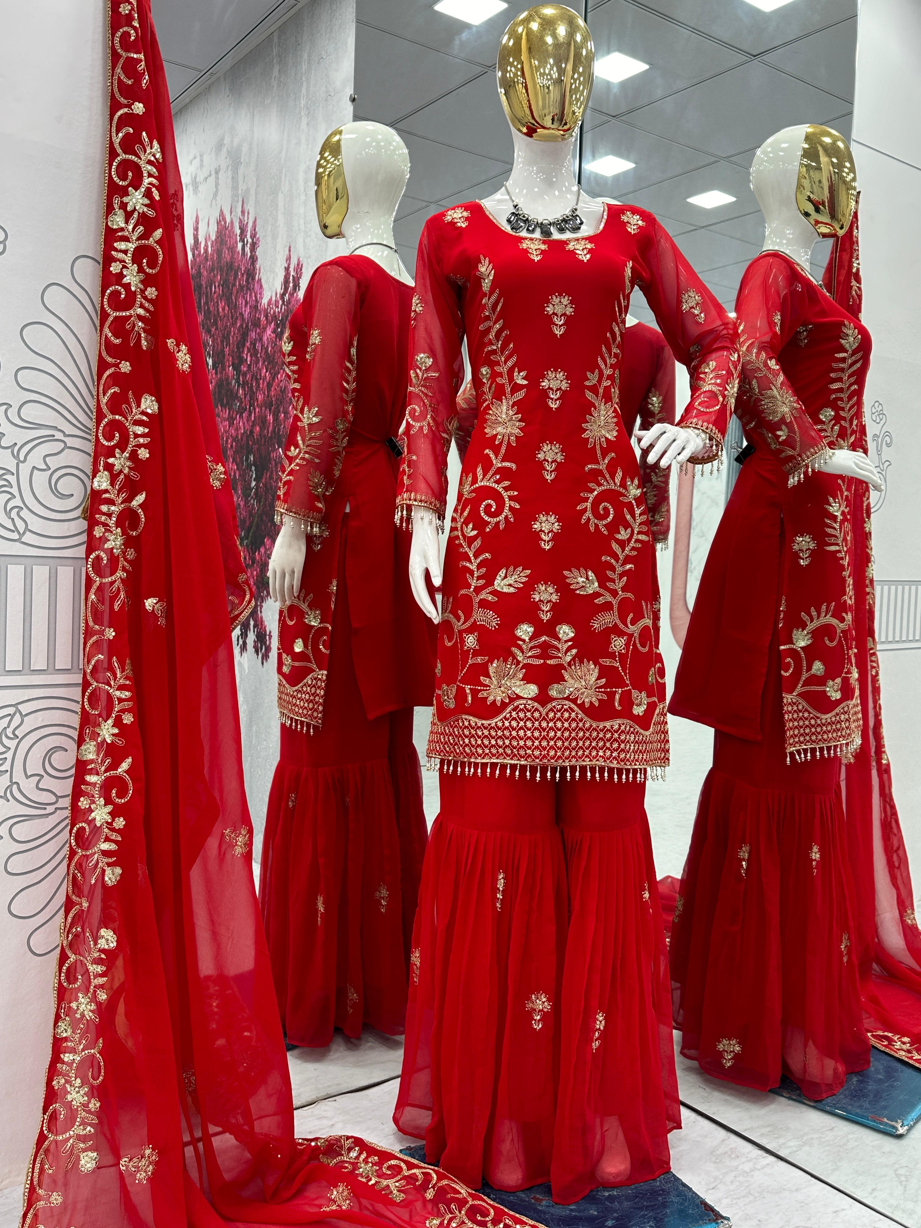 Elegant Party Wear Red Color Kurta Sharara Plazzo With Heavy Embroidery And Dupatta