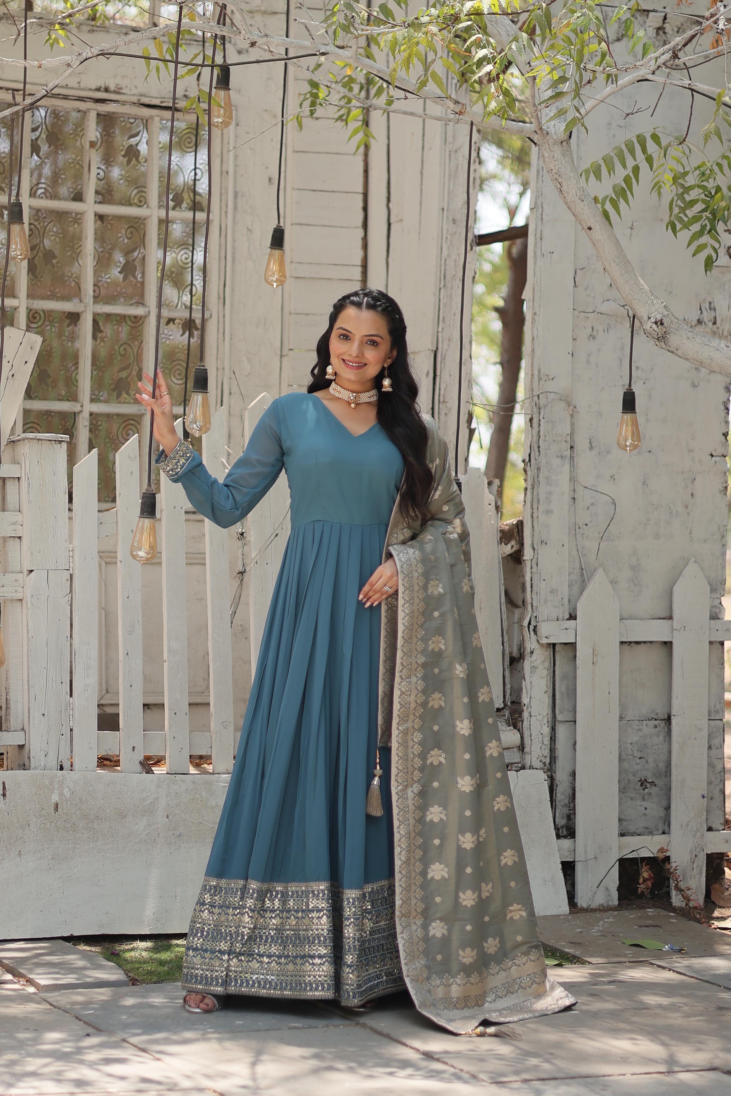 Cyan Grey Exquisite Premium Designer Faux Georgette Gown with Embroidered Zari Sequins and Tabby Silk Dupatta