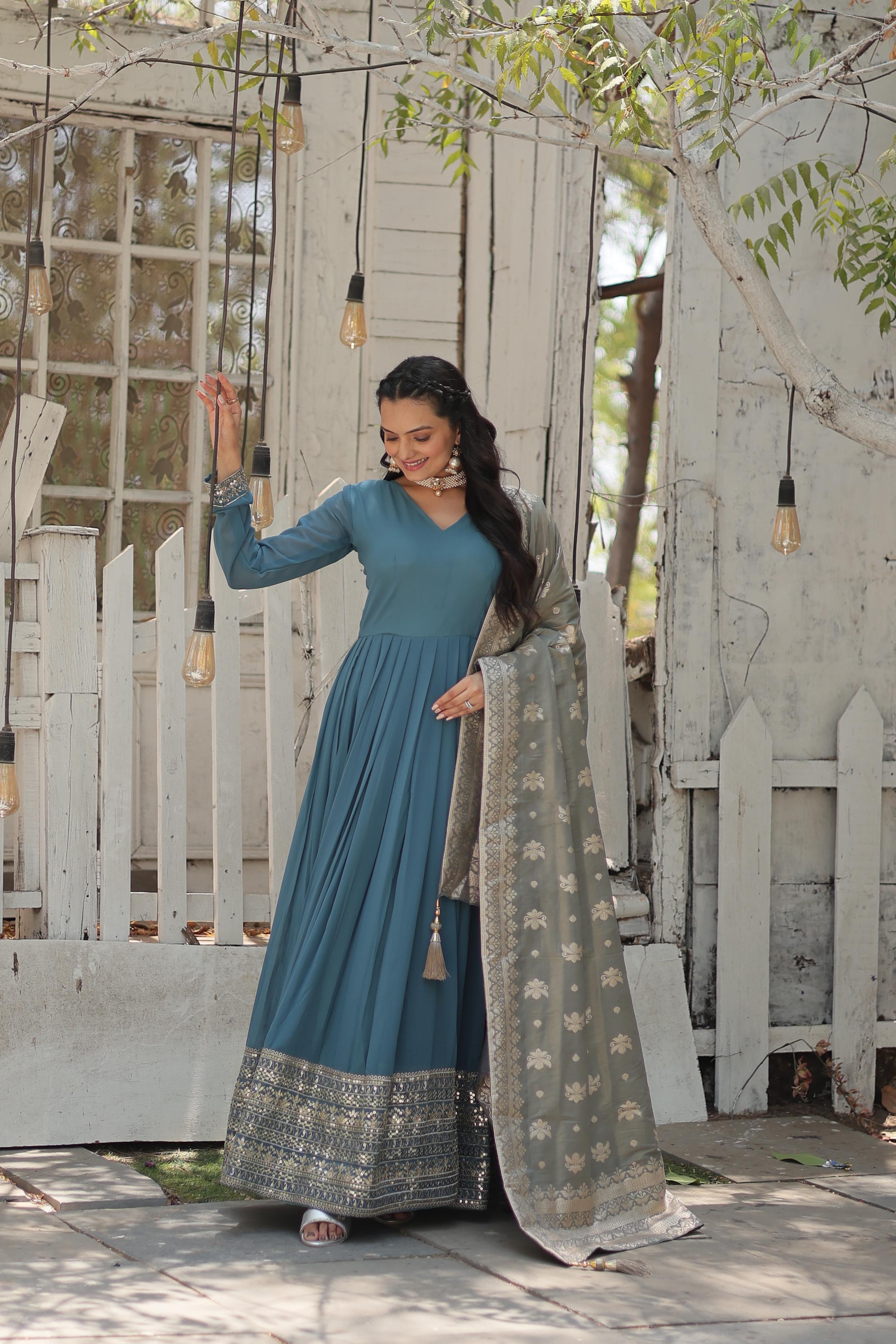 Cyan Grey Exquisite Premium Designer Faux Georgette Gown with Embroidered Zari Sequins and Tabby Silk Dupatta