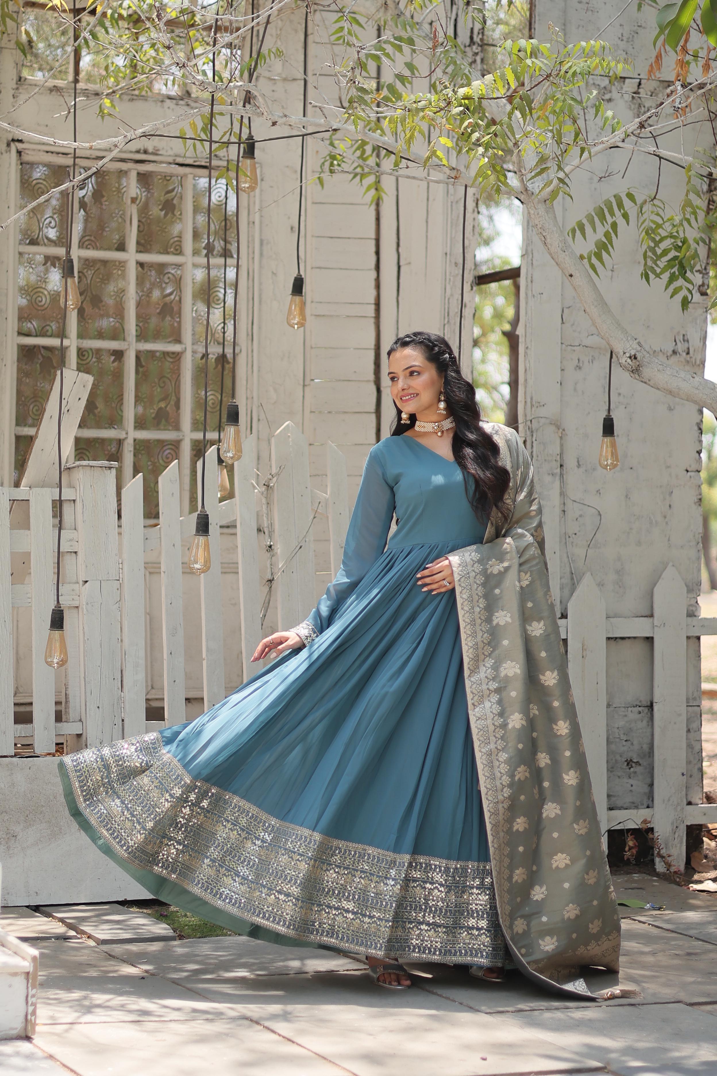 Cyan Grey Exquisite Premium Designer Faux Georgette Gown with Embroidered Zari Sequins and Tabby Silk Dupatta