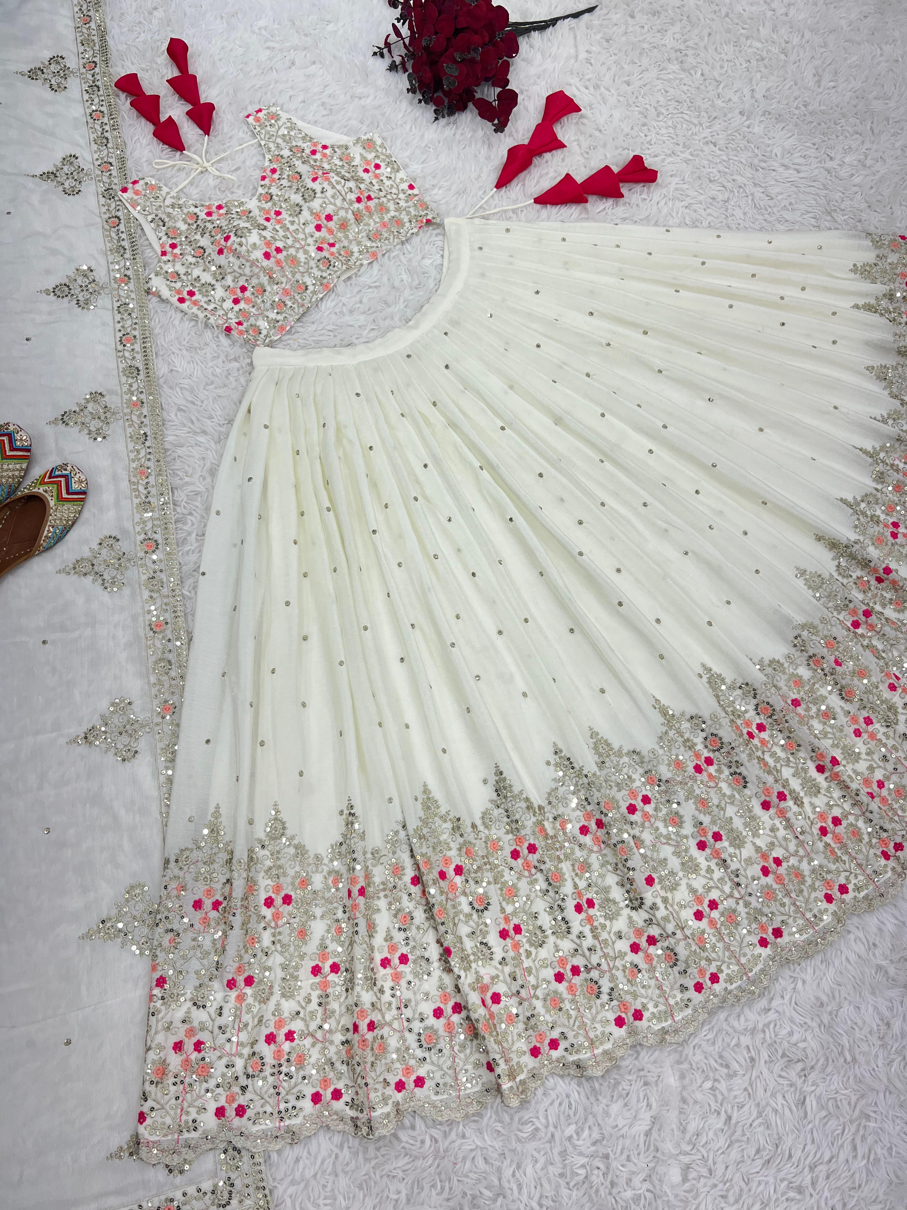 Wedding Collection White Color Heavy Embroidery Sequence Work Lehenga Choli