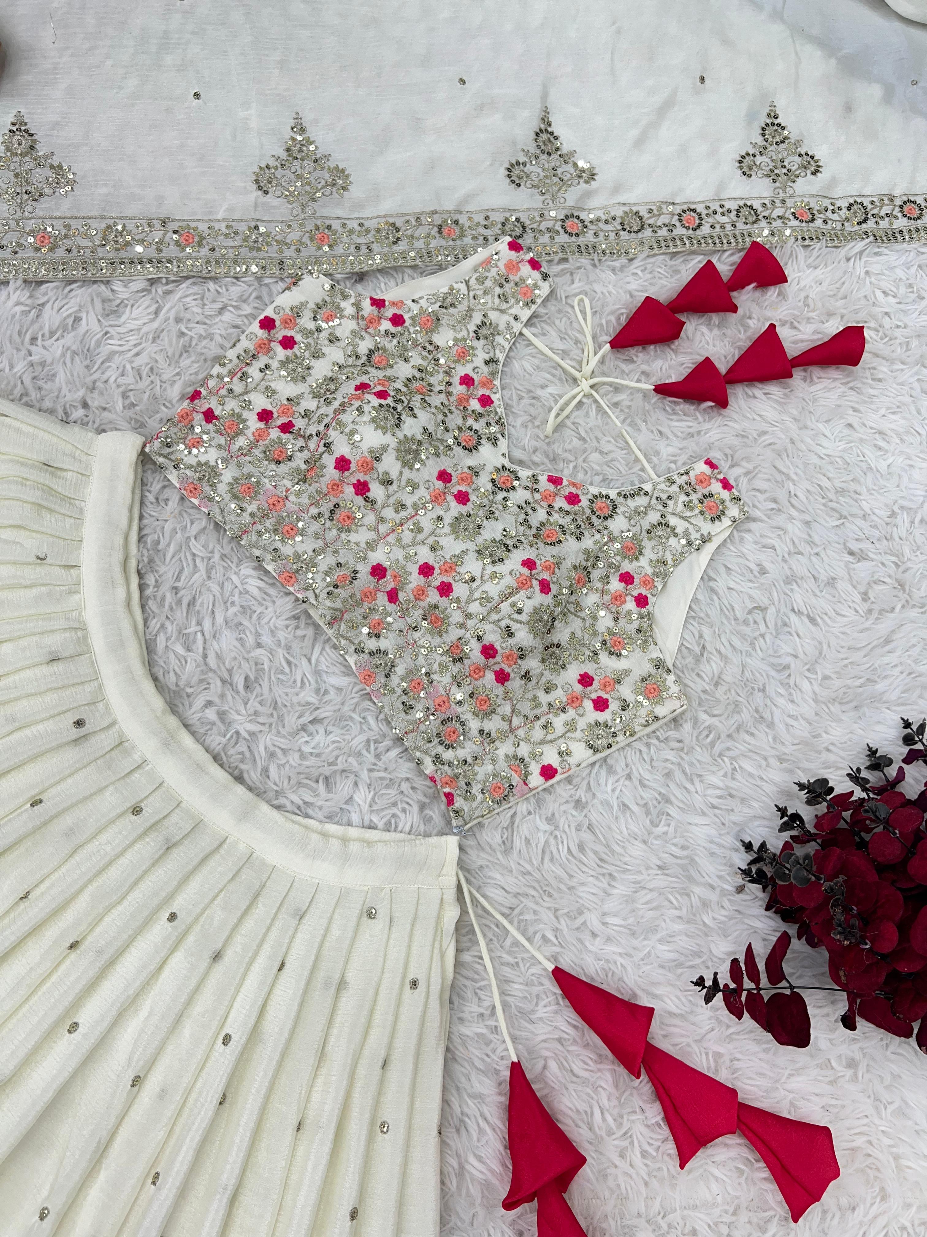 Wedding Collection White Color Heavy Embroidery Sequence Work Lehenga Choli