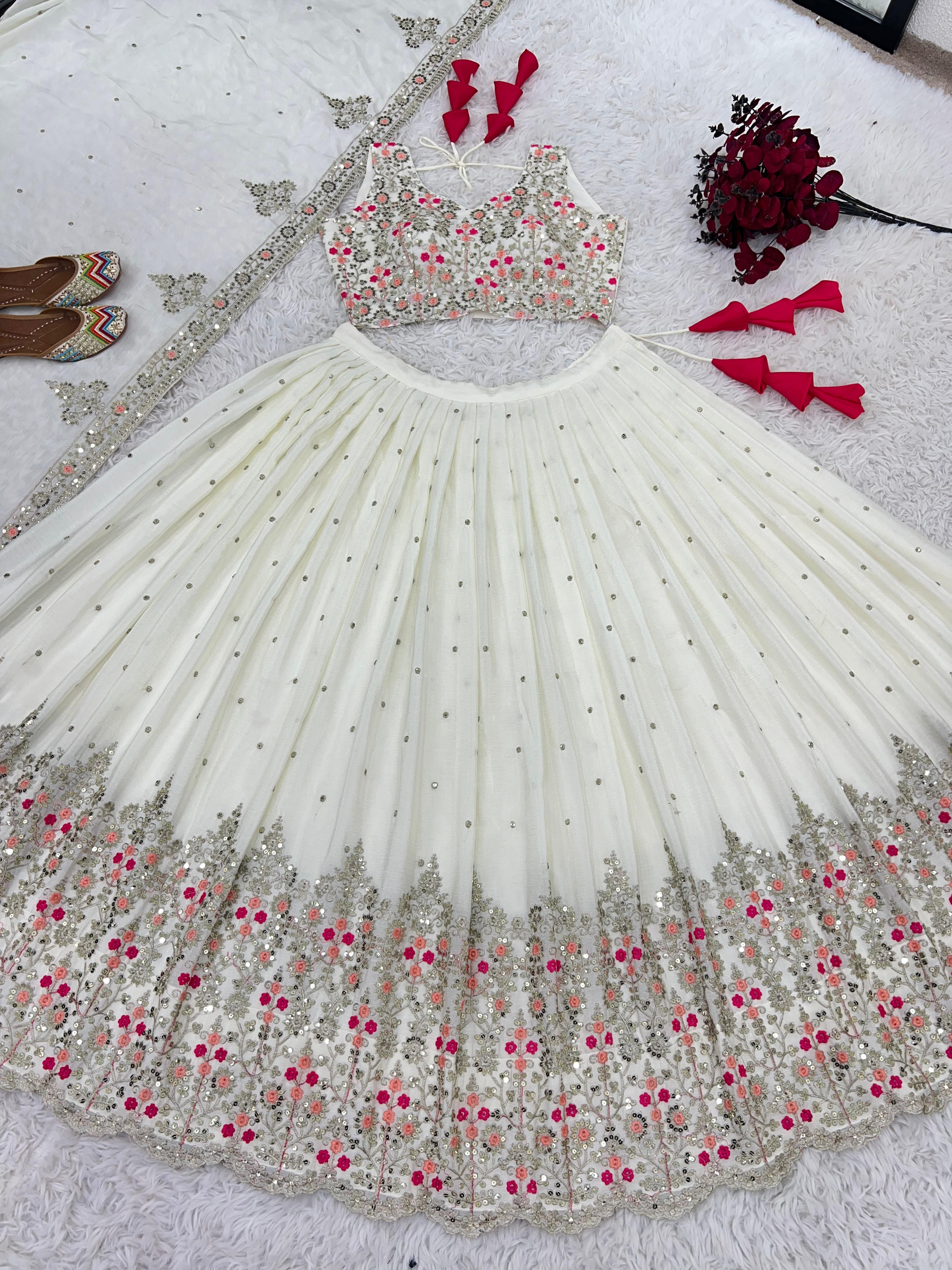 Wedding Collection White Color Heavy Embroidery Sequence Work Lehenga Choli