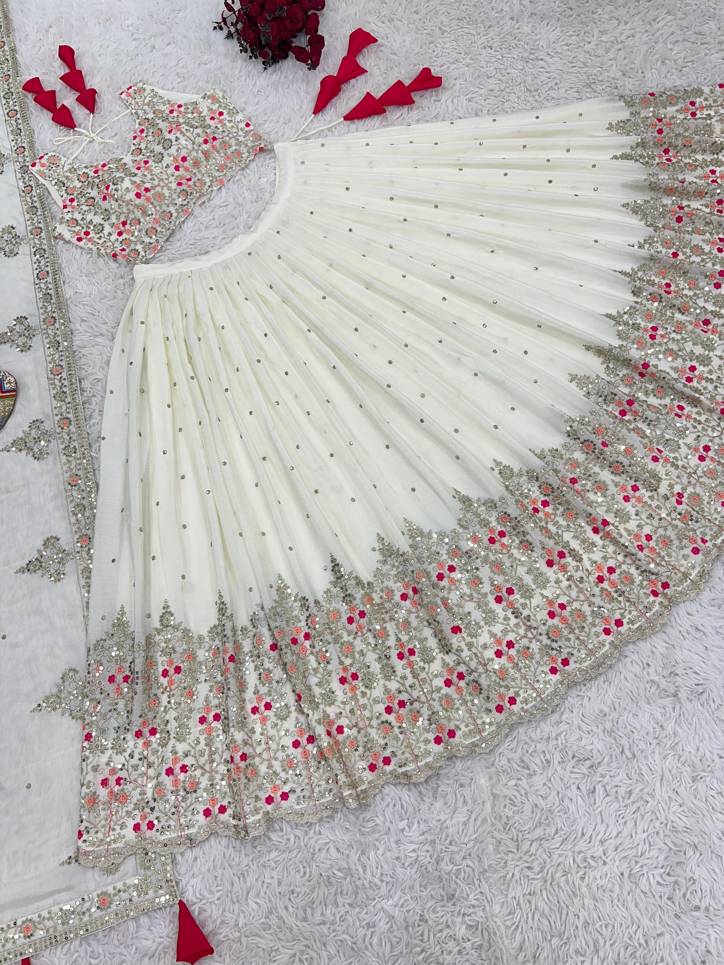 Wedding Collection White Color Heavy Embroidery Sequence Work Lehenga Choli