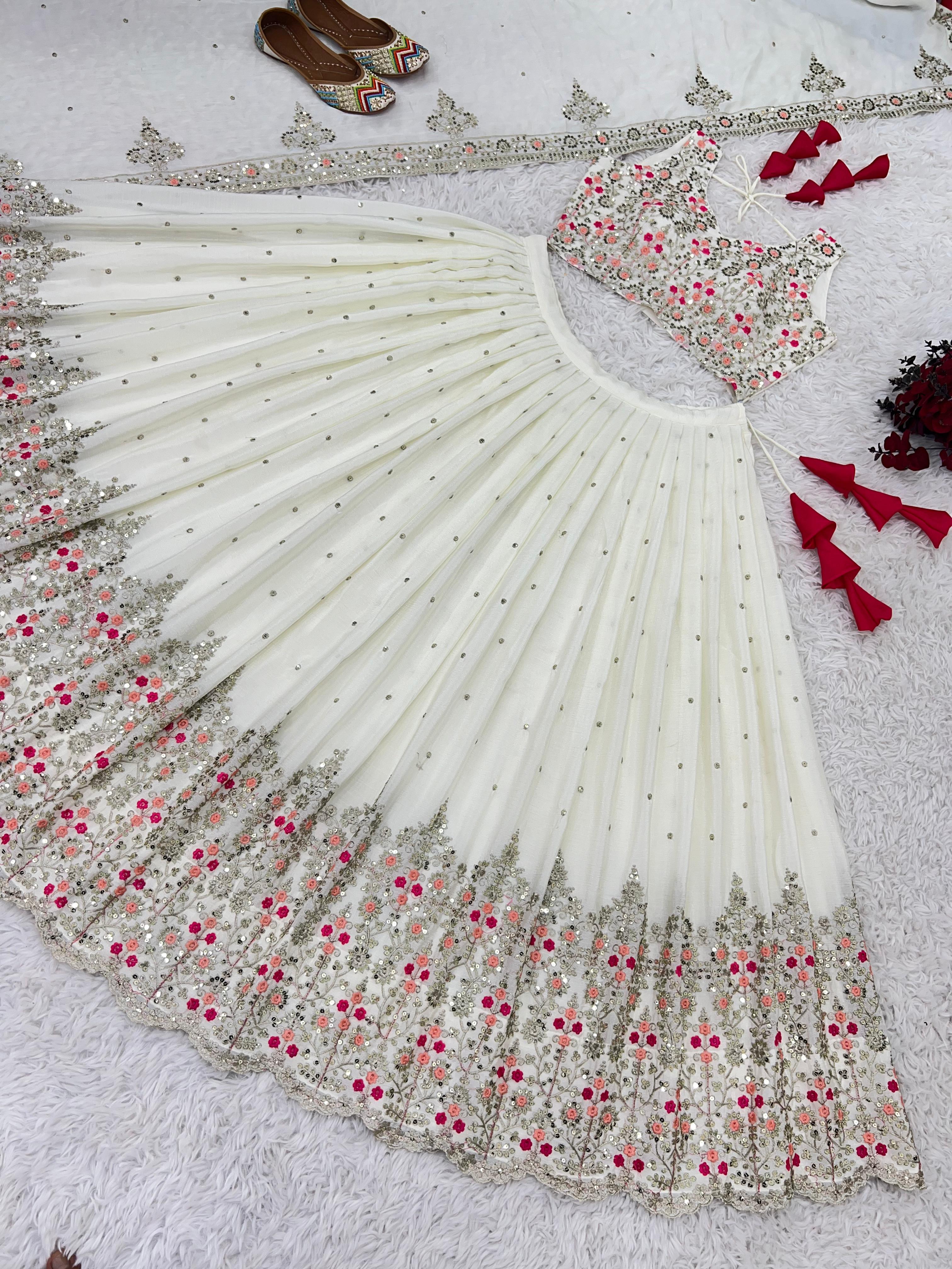 Wedding Collection White Color Heavy Embroidery Sequence Work Lehenga Choli