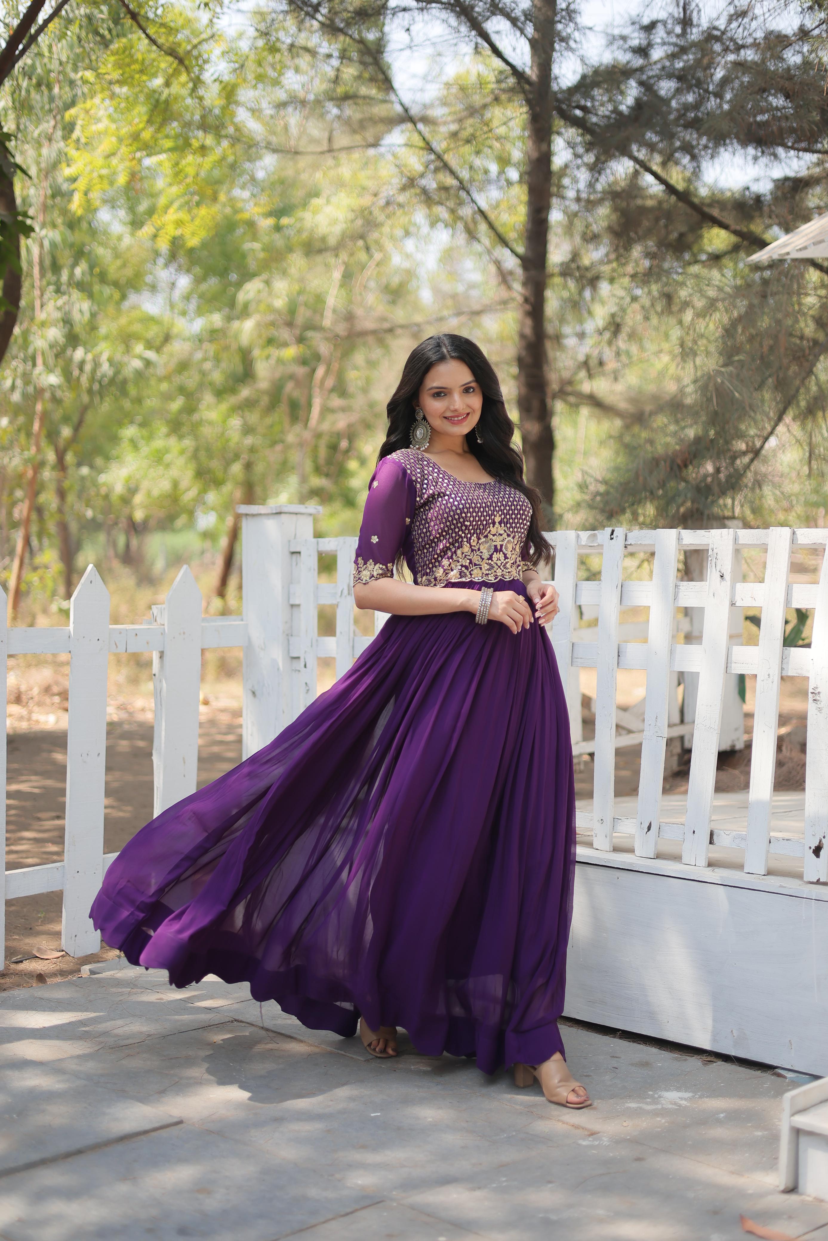 Ceremony Wear Faux Blooming Purple Embroidery Work Readymade Designer Gown