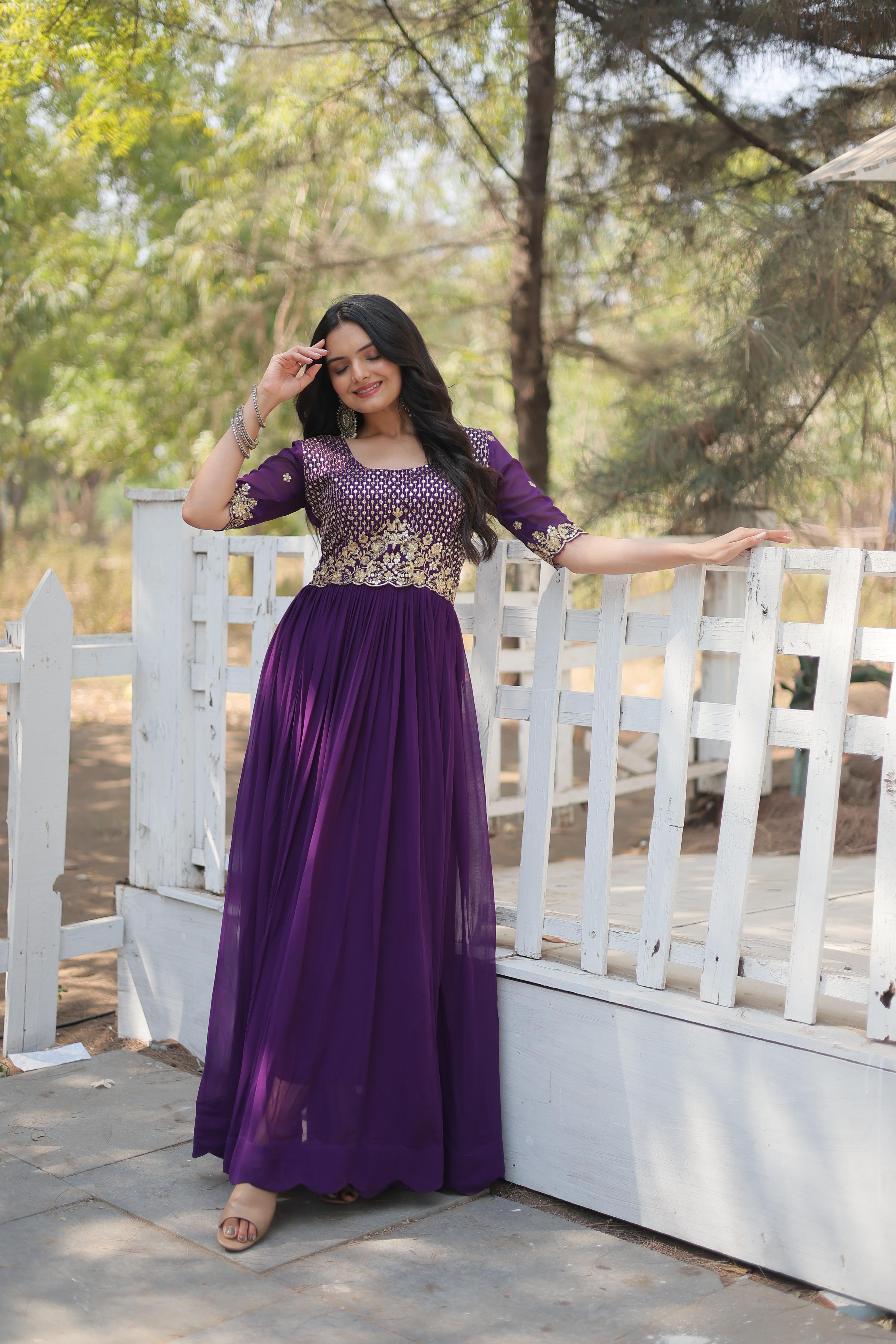 Ceremony Wear Faux Blooming Purple Embroidery Work Readymade Designer Gown