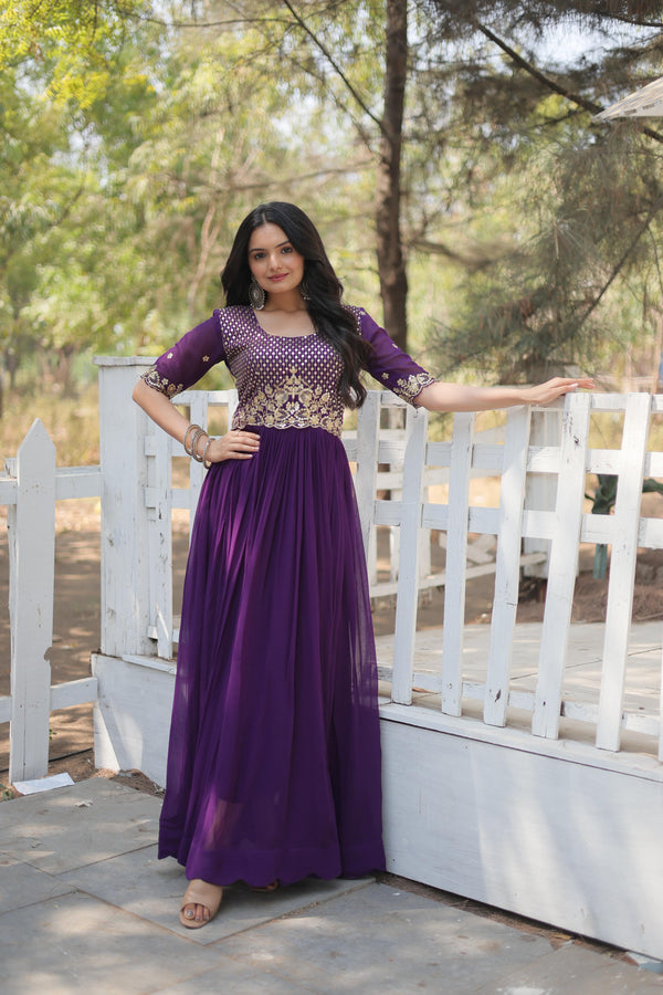 Ceremony Wear Faux Blooming Purple Embroidery Work Readymade Designer Gown