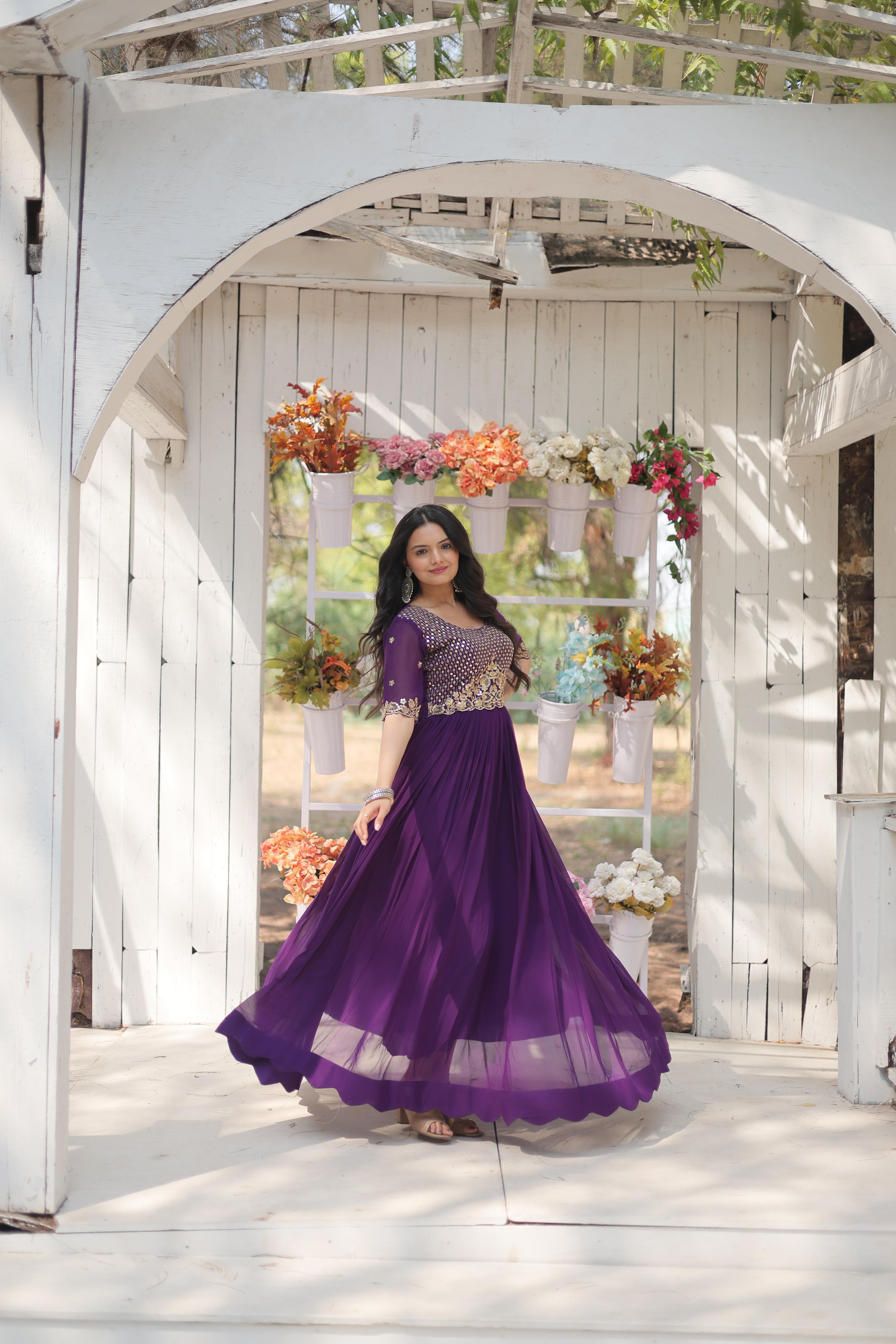 Ceremony Wear Faux Blooming Purple Embroidery Work Readymade Designer Gown