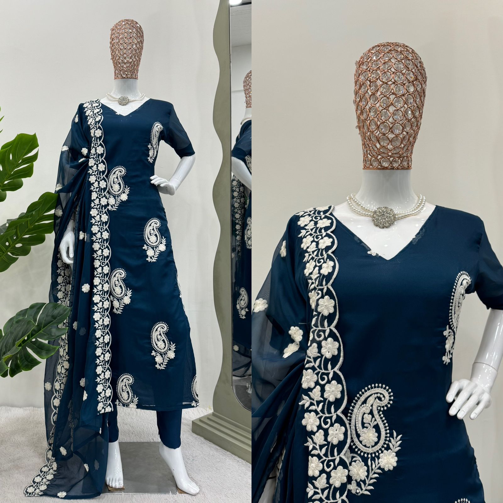 Delightful Thread Work Navy Blue Color Kurti Set With Dupatta