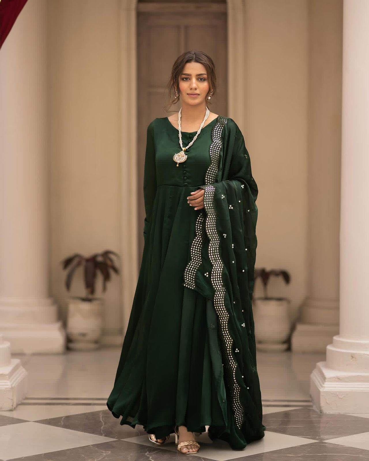 Premium Green Roman Cotton Gown Suit Set with Full Inner Lining and Embroidered Dupatta