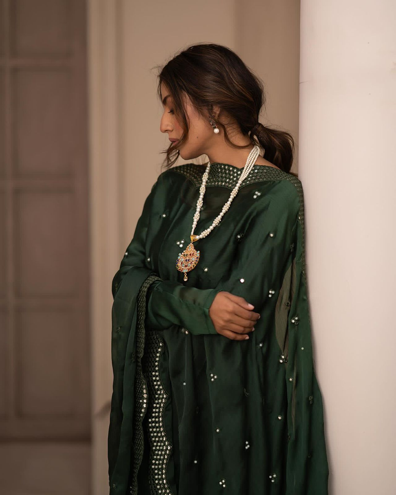 Premium Green Roman Cotton Gown Suit Set with Full Inner Lining and Embroidered Dupatta