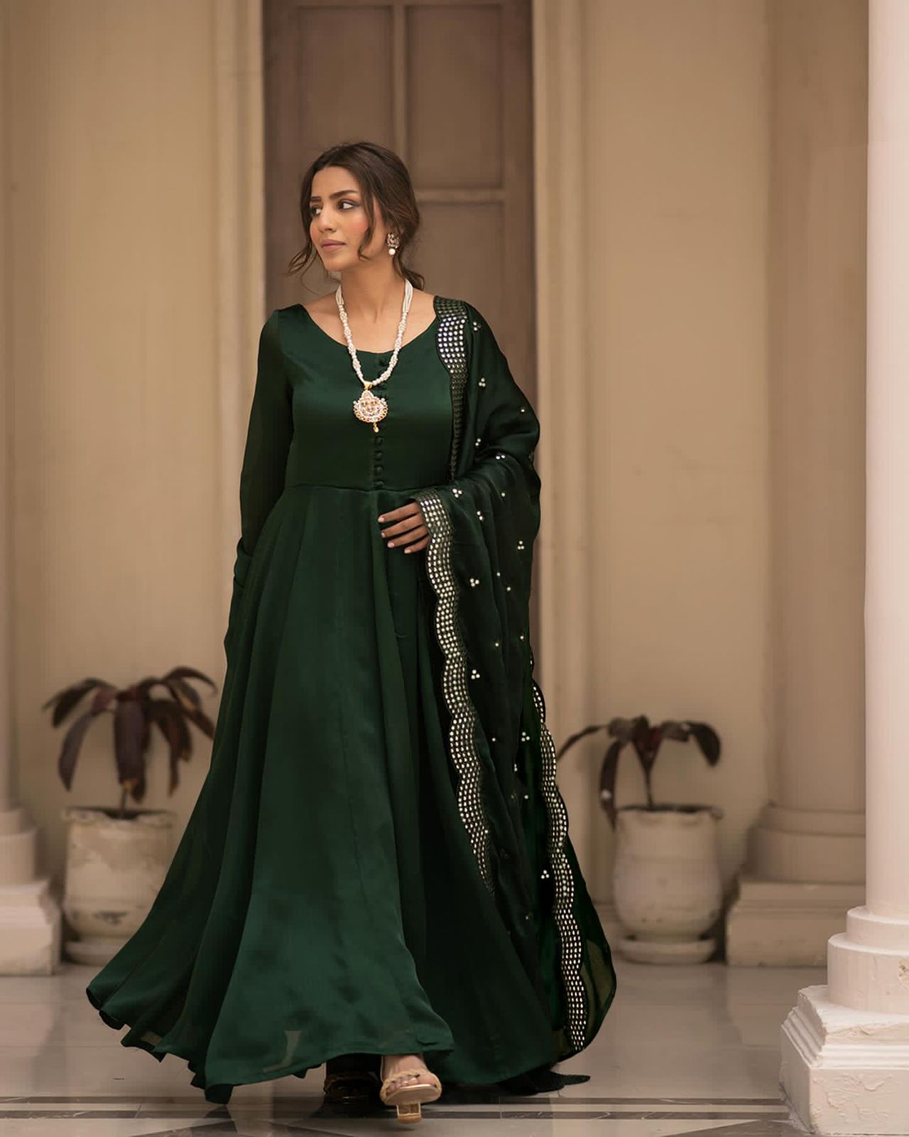 Premium Green Roman Cotton Gown Suit Set with Full Inner Lining and Embroidered Dupatta