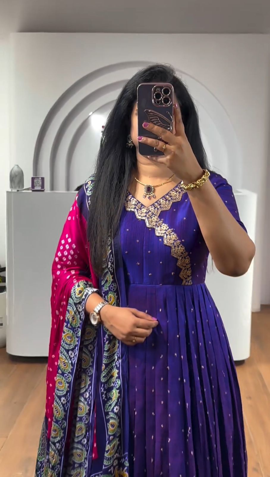 Purple Color South Indian Gown in Chinon With Embroidery and Sequence Work