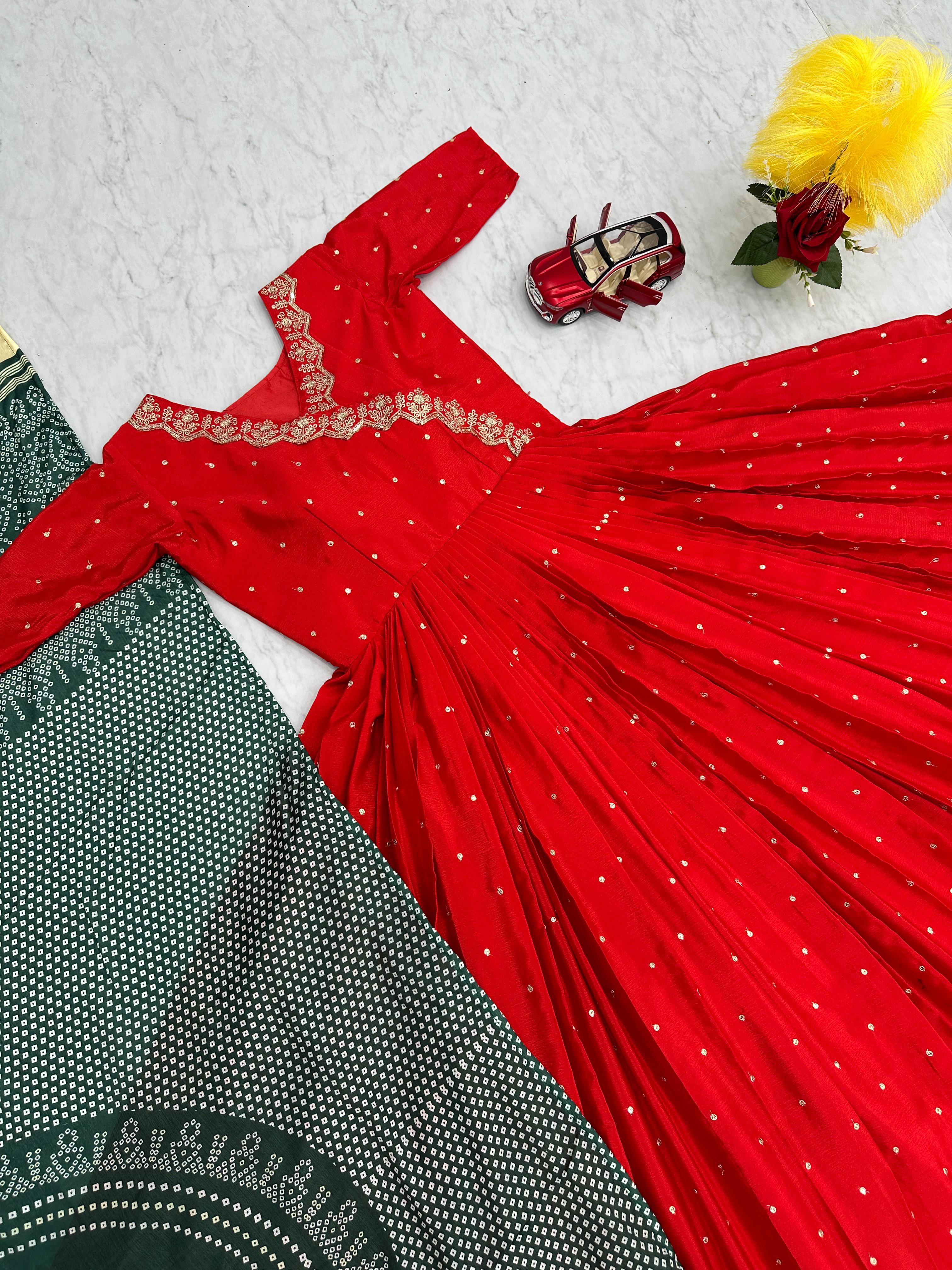 Designer Red Color South Indian Gown in Chinon With Embroidery and Sequence Work