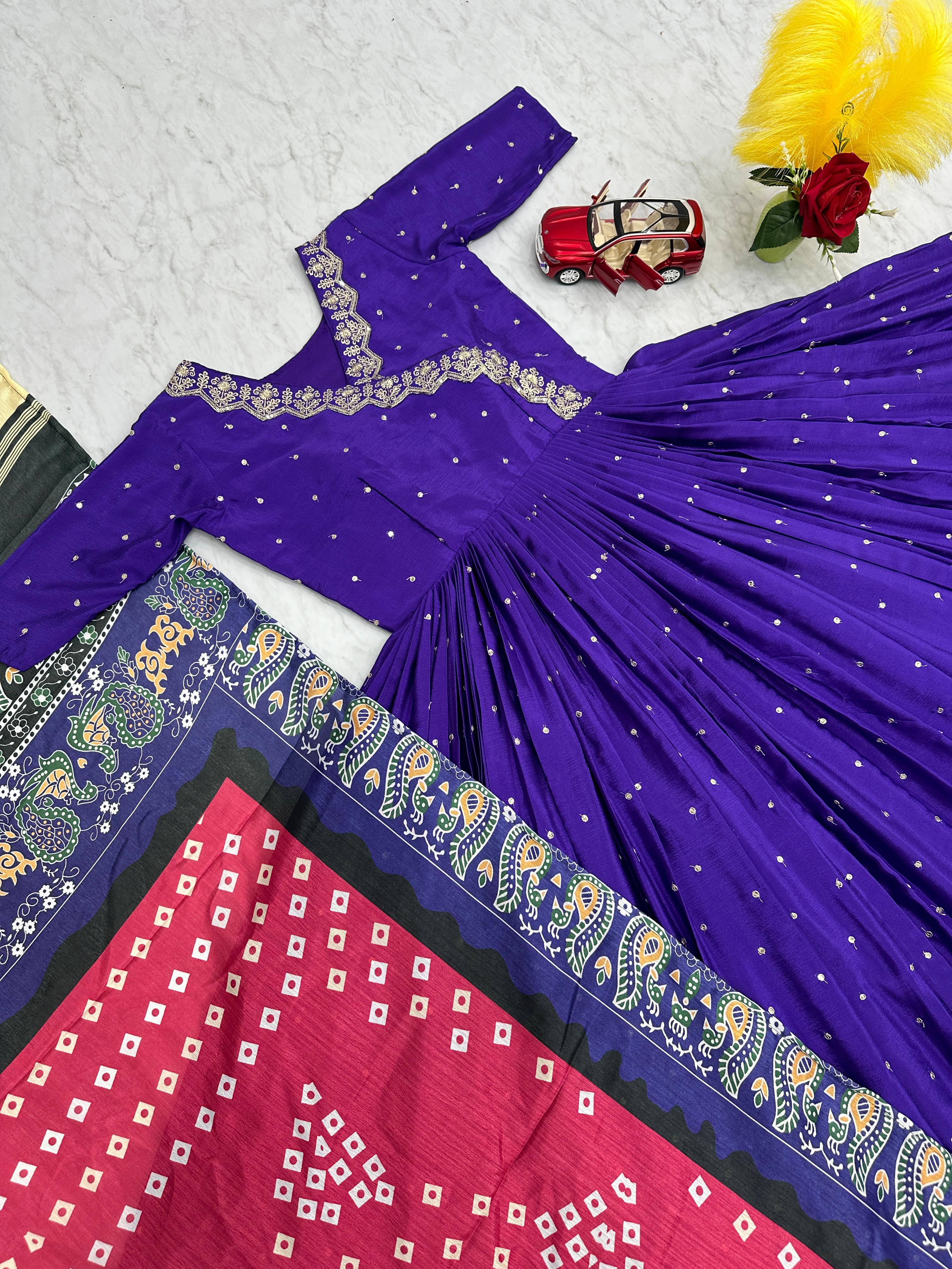 Purple Color South Indian Gown in Chinon With Embroidery and Sequence Work