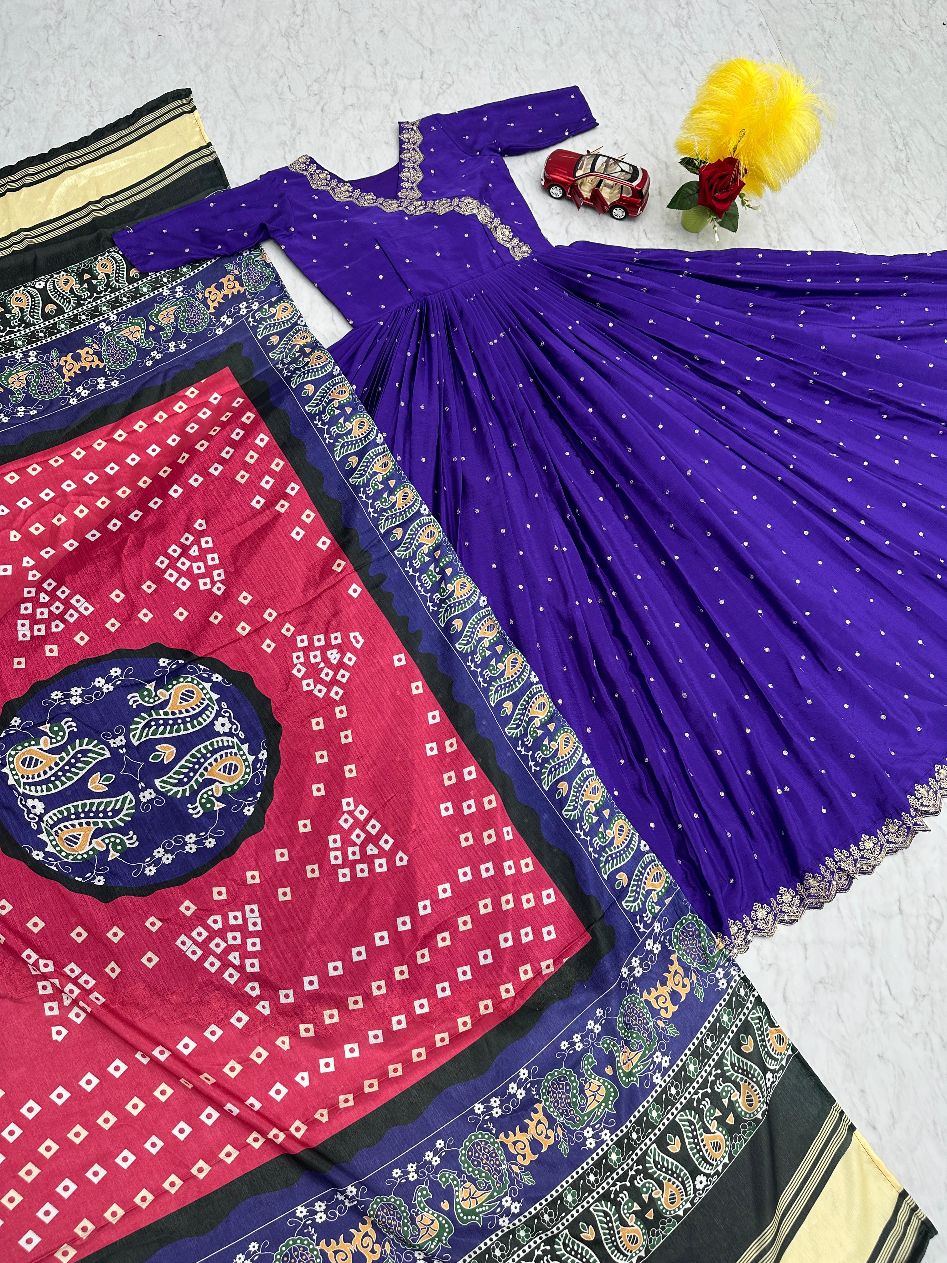 Purple Color South Indian Gown in Chinon With Embroidery and Sequence Work