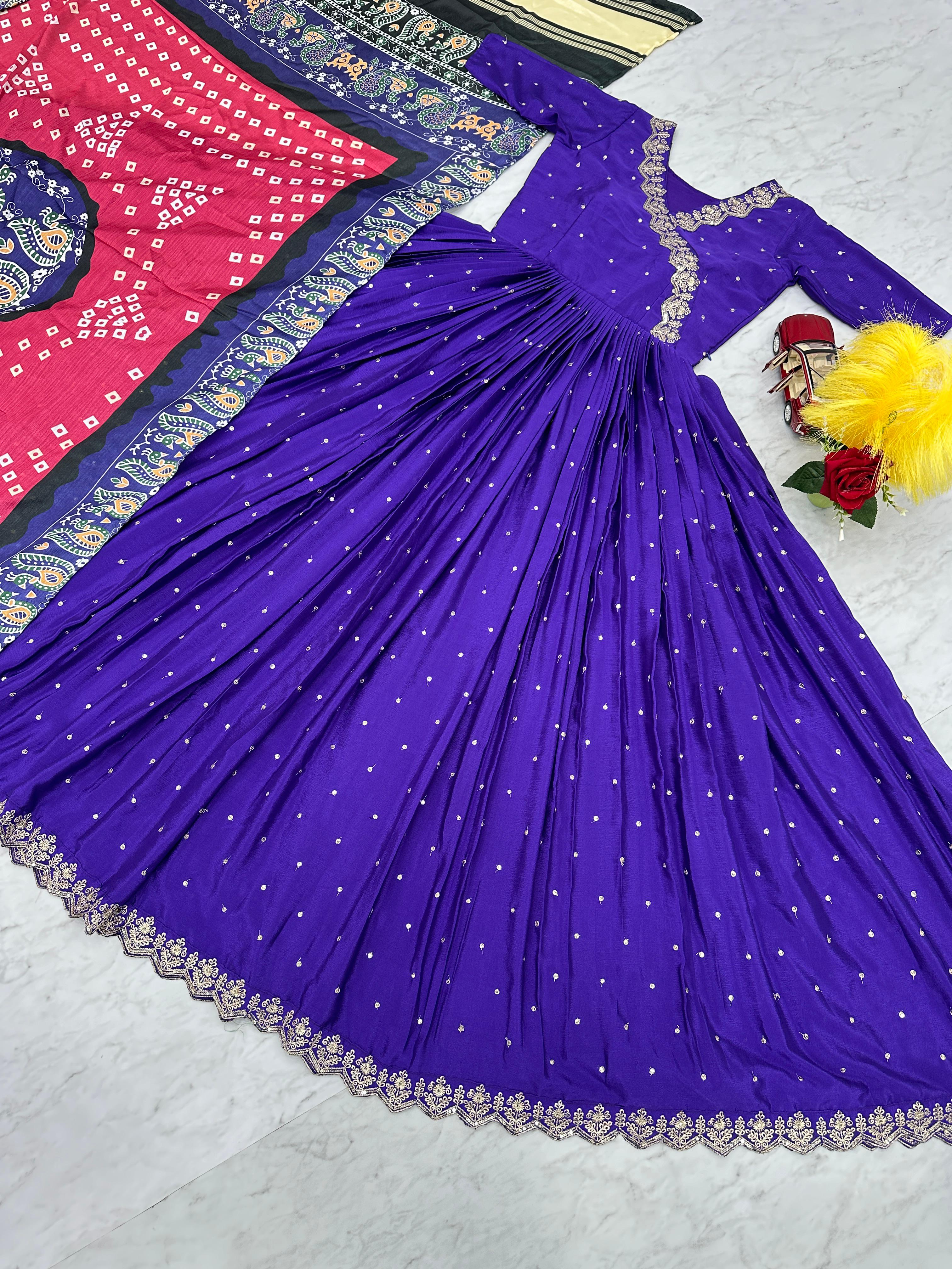 Purple Color South Indian Gown in Chinon With Embroidery and Sequence Work