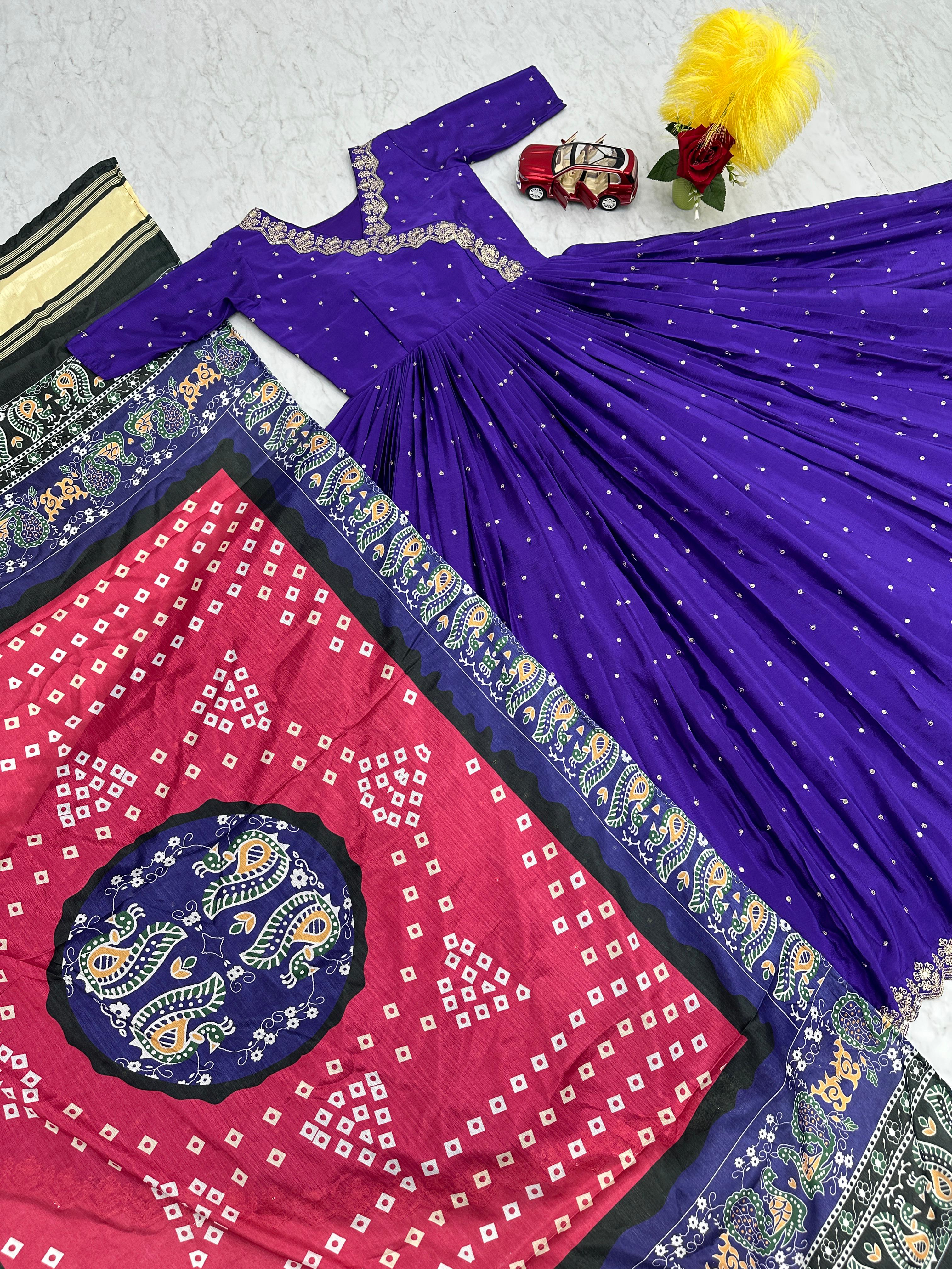 Purple Color South Indian Gown in Chinon With Embroidery and Sequence Work