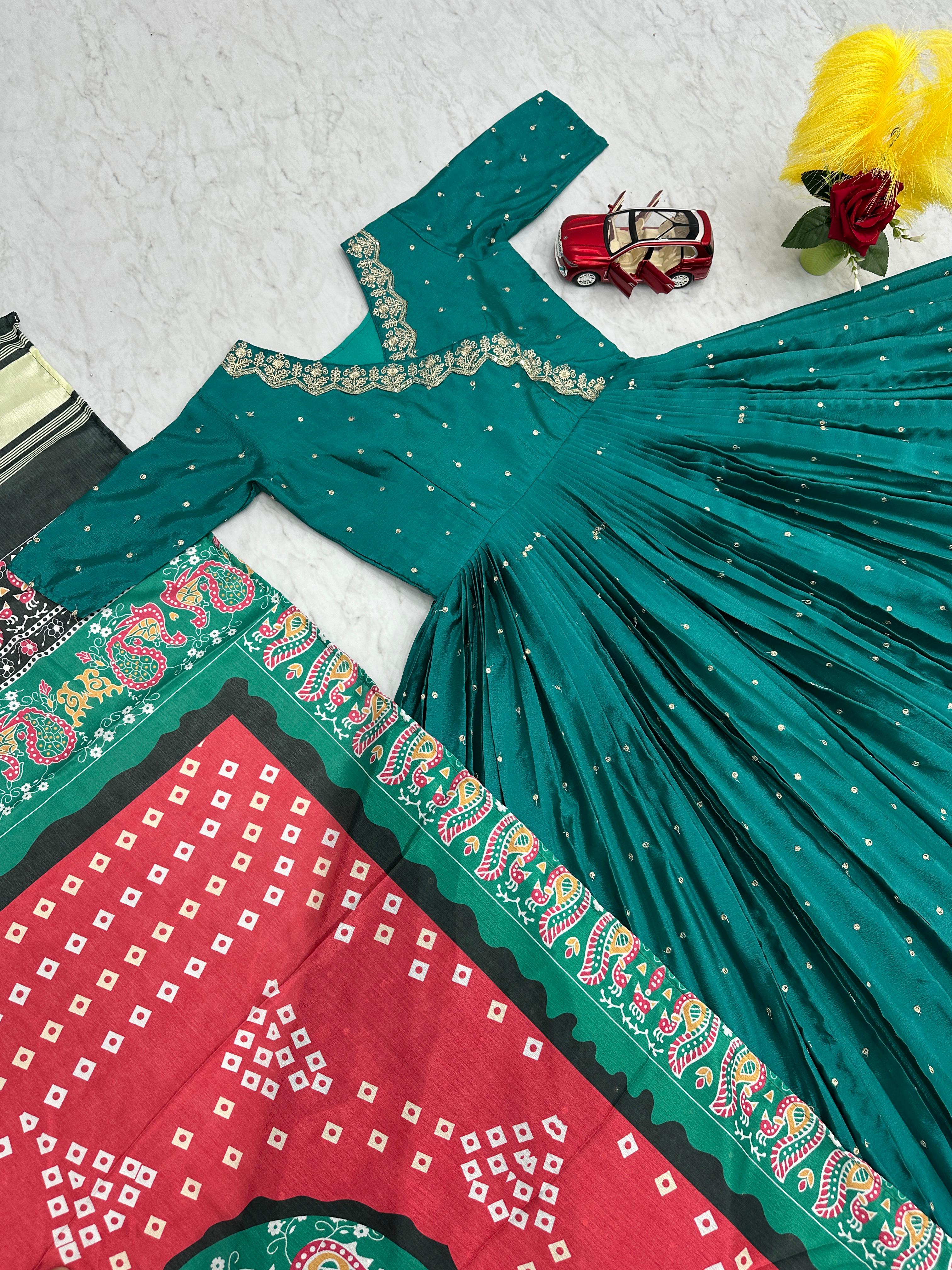 Party Wear Green Color Chinon With Embroidery and Sequence Work