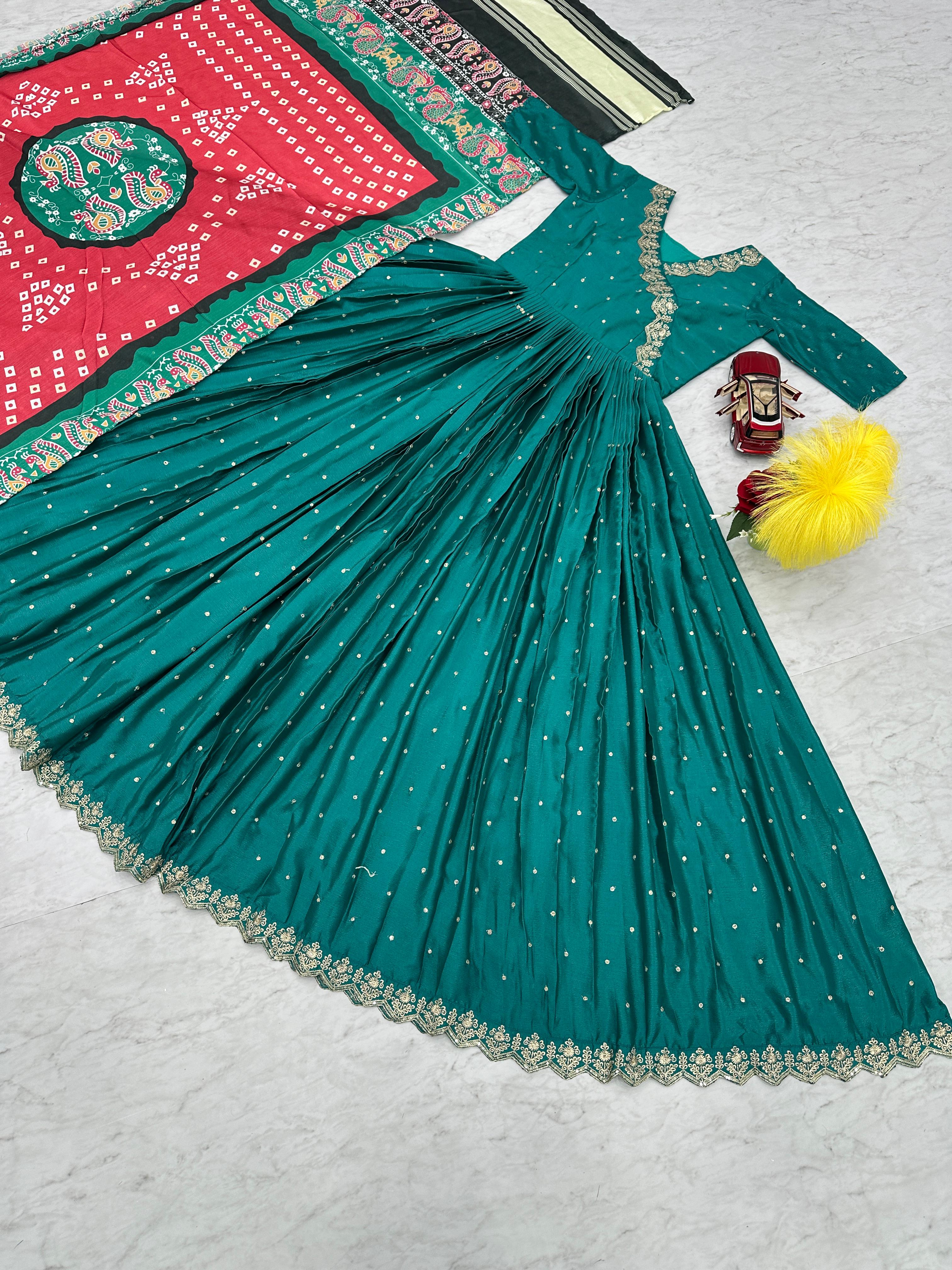 Party Wear Green Color Chinon With Embroidery and Sequence Work